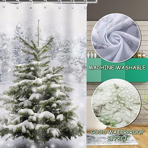 Miniatura 4 de Juego de 4 cortinas de ducha navideñas con alfombra antideslizante, cubierta para tapa de inodoro, tapete de baño, decoración de baño de Navidad con