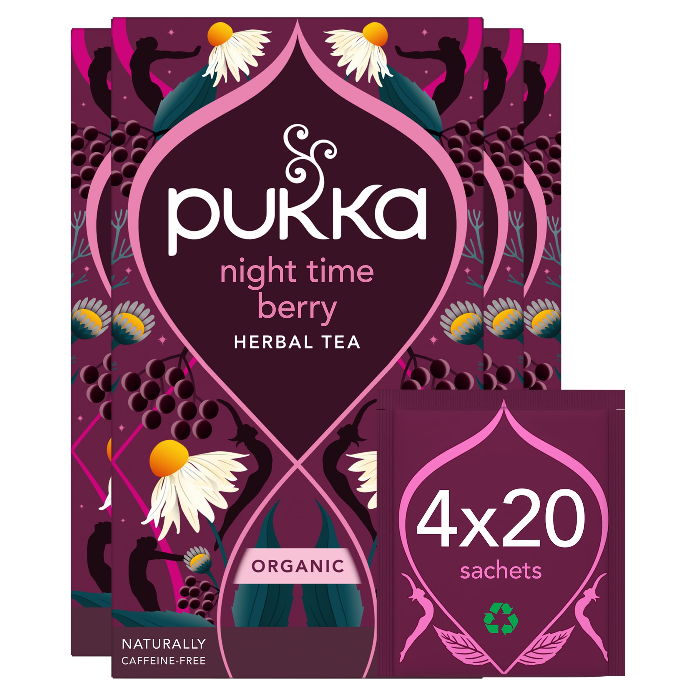 Night Time Berry Organic Herbal Sleep Tea Box | Chamomile, Lavender & Elderberry Tea | Ideal For Bedtime Relaxation | Caffeine Free | 4 Packs | 80 Plant Based Biodegradable Tea Bags