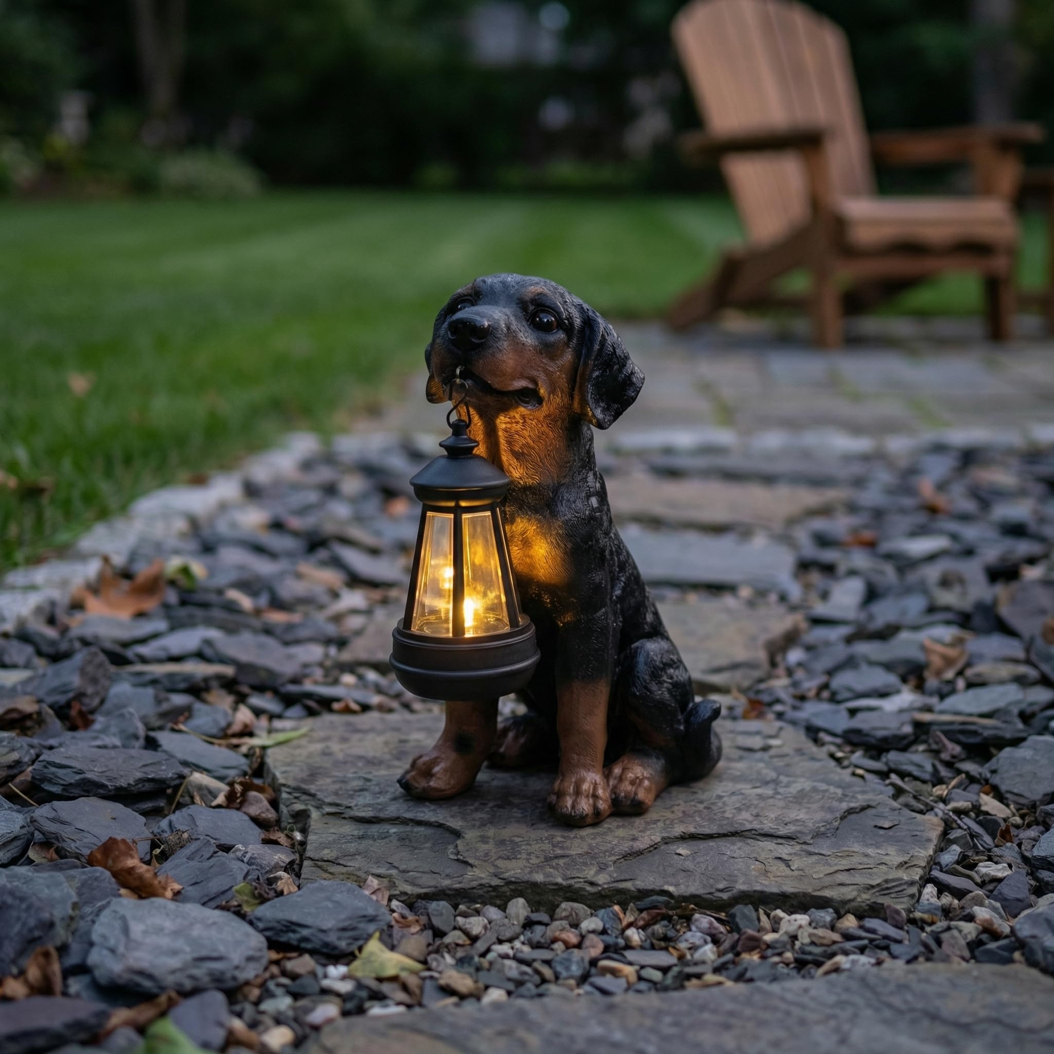 Statua a forma di cane con lanterna solare, statua per esterni, decorazione per la casa per giardino, cortile, portico, patio, 26 cm, decorazione per cuccioli, luci, regalo per compleanno, San