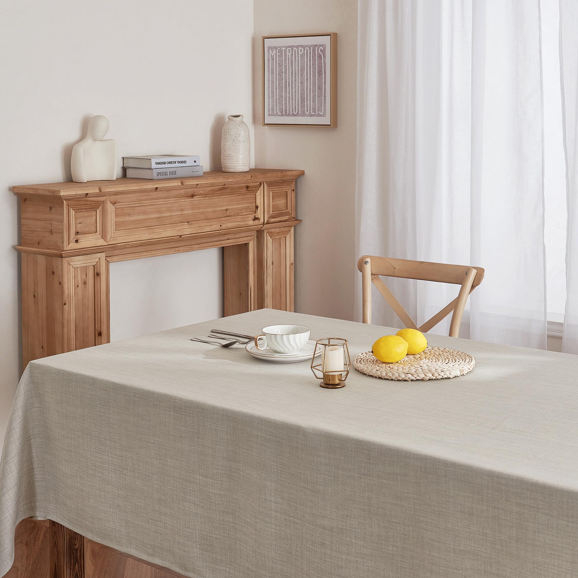 NICETOWN Tablecloth Linen Rectangle 55 x 84 Inch Duarble Contemporary Decoration for Kitchen Table Protection, Stain Resistant & Anti-Shrink Thick Linen Texture for Farmhouse Decor, Angora