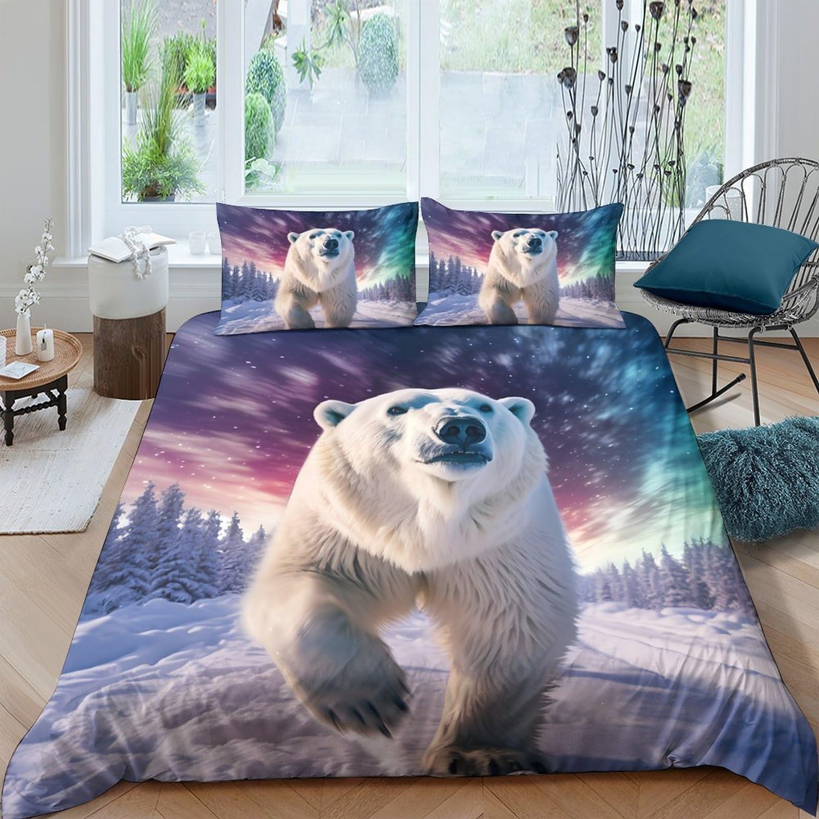 Ctjqhvkz Style-3 3D Printed Polar Aurora Fitted Sheet Microfiber Soft Bear Landscape Mattress Cover For Bedroom Guest Room Decor Single（135X200cm）