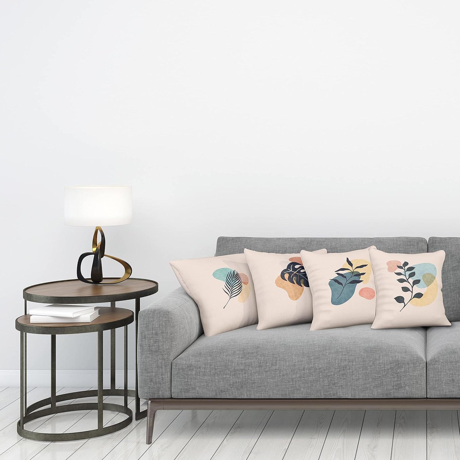 Ambesonne Leaf Print Throw Pillow Cushion Case Pack of 4, Modern Leaves Motif on Watercolor Oval Shapes Abstract Botanical Look, Modern Accent Double-Sided Digital Printing, 18", Eggshell Multicolor