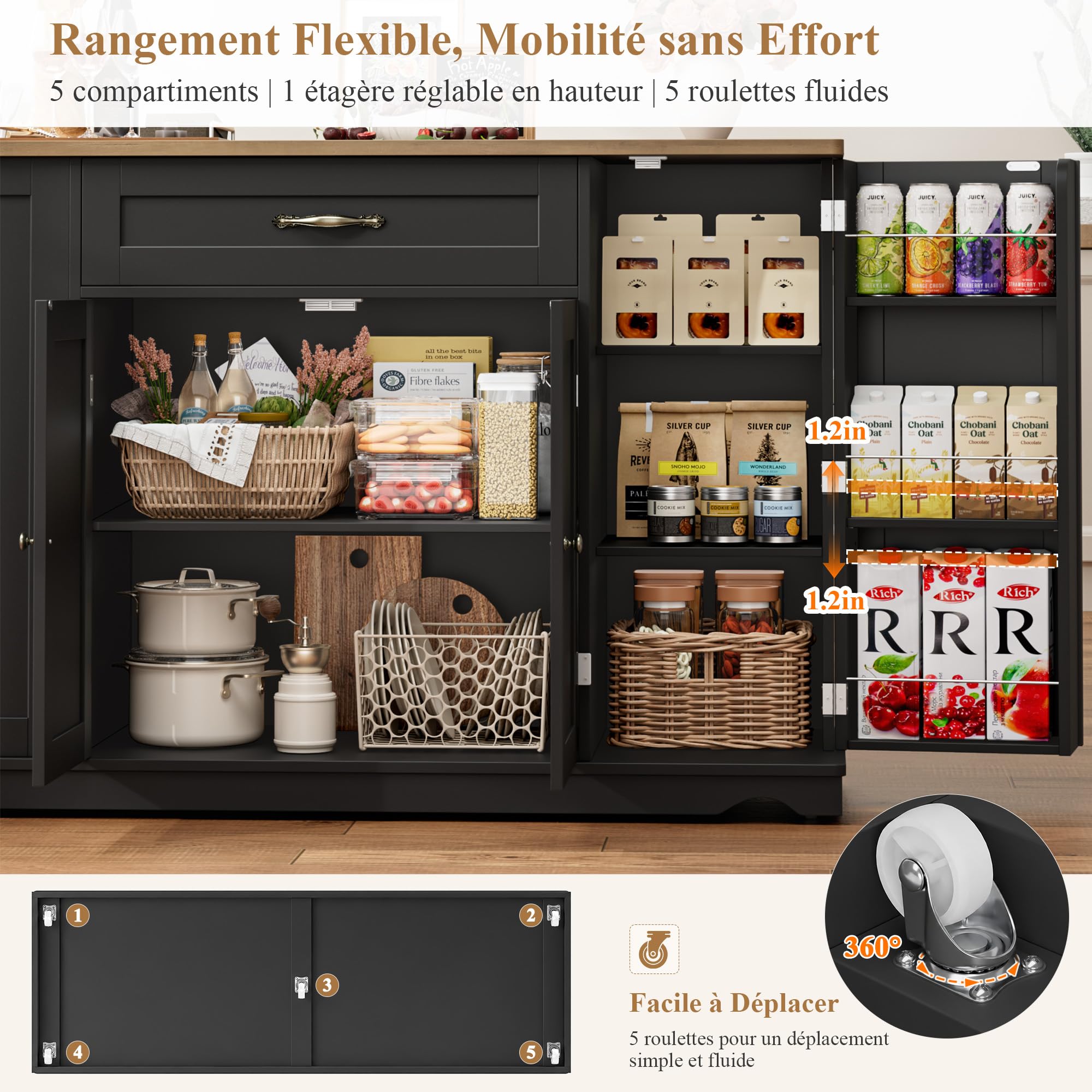 HOCSOK Îlot Central Cuisine sur roulettes, 120cm Desserte de Cuisine