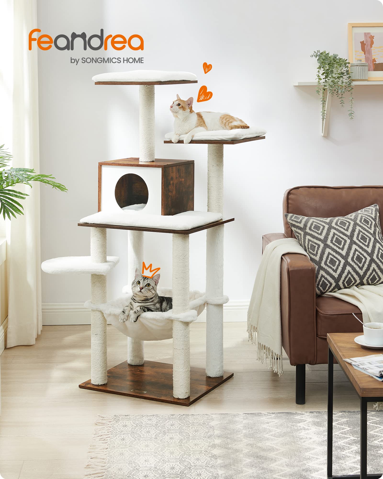 FEANDREA Albero per Gatti, Tiragraffi Moderno 138 cm, Condominio per Gatti a più Livelli con Tiragraffi, Casa sull'Albero con Amaca, Posatoi, Peluche Morbido, Cuscini Lavabili, Marrone Vintage