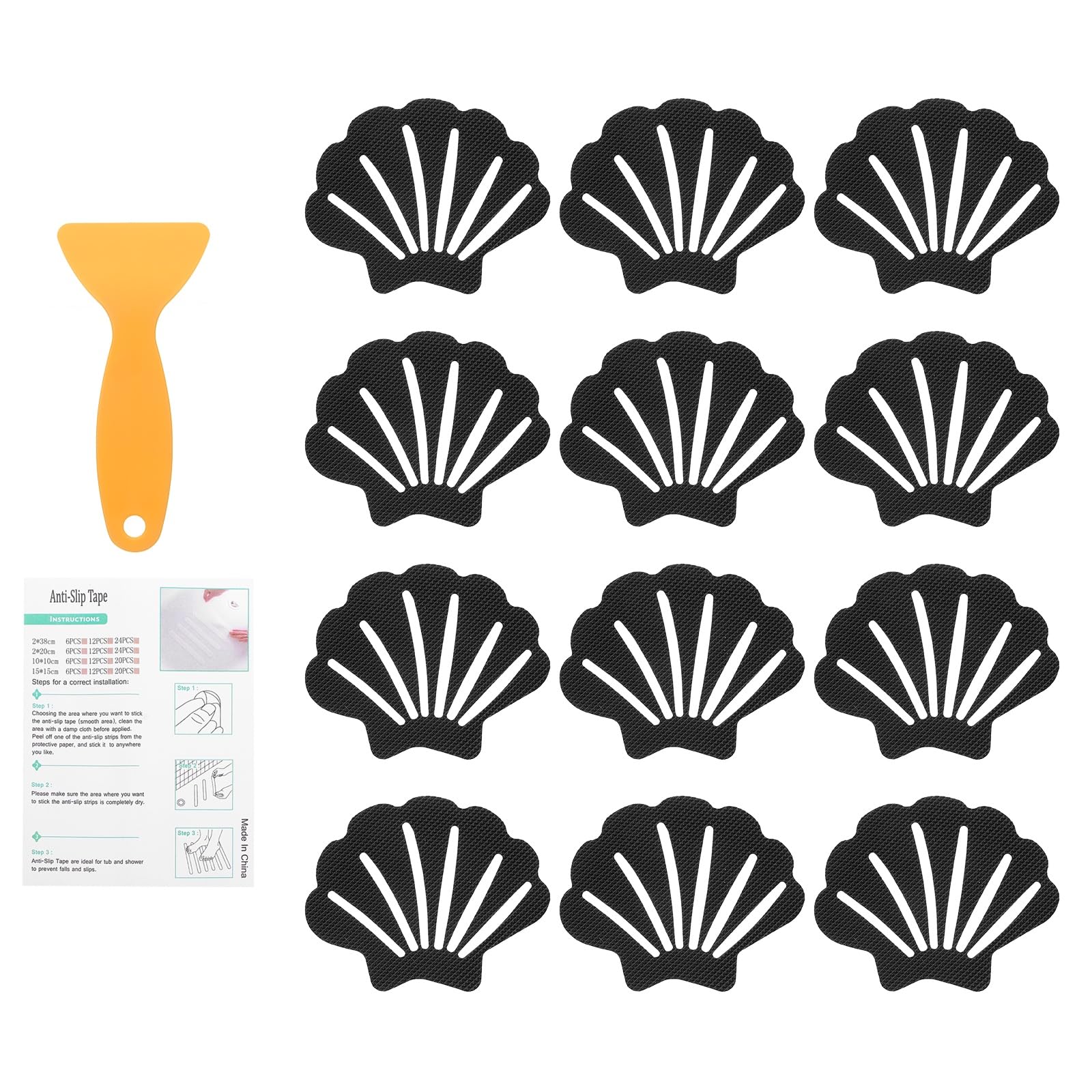 sourcing map 12Pcs Non-Slip Bathtub Stickers, 9x7 cm Shell Shape Shower Floor Non Slip Stickers with Scraper for Bathroom Shower Stairs Ladders, Black — image 1