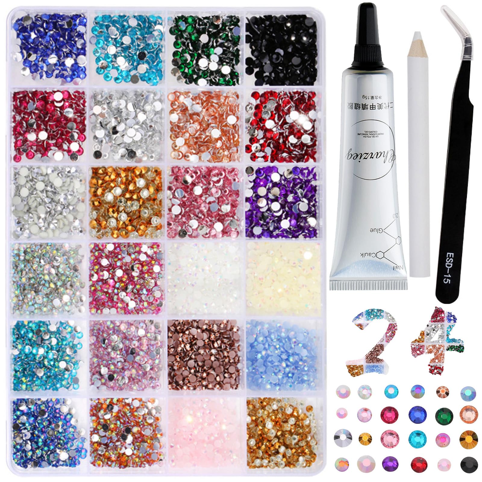 3500 Bedazzler Kit With Glue, 24 Farben 3mm 4mm Strasssteine Nägel, Flatback Rhinestones mit Glue Pinzette und Stift, Glitzersteine zum Basteln, Glitzer Steine für Nägel Textilien