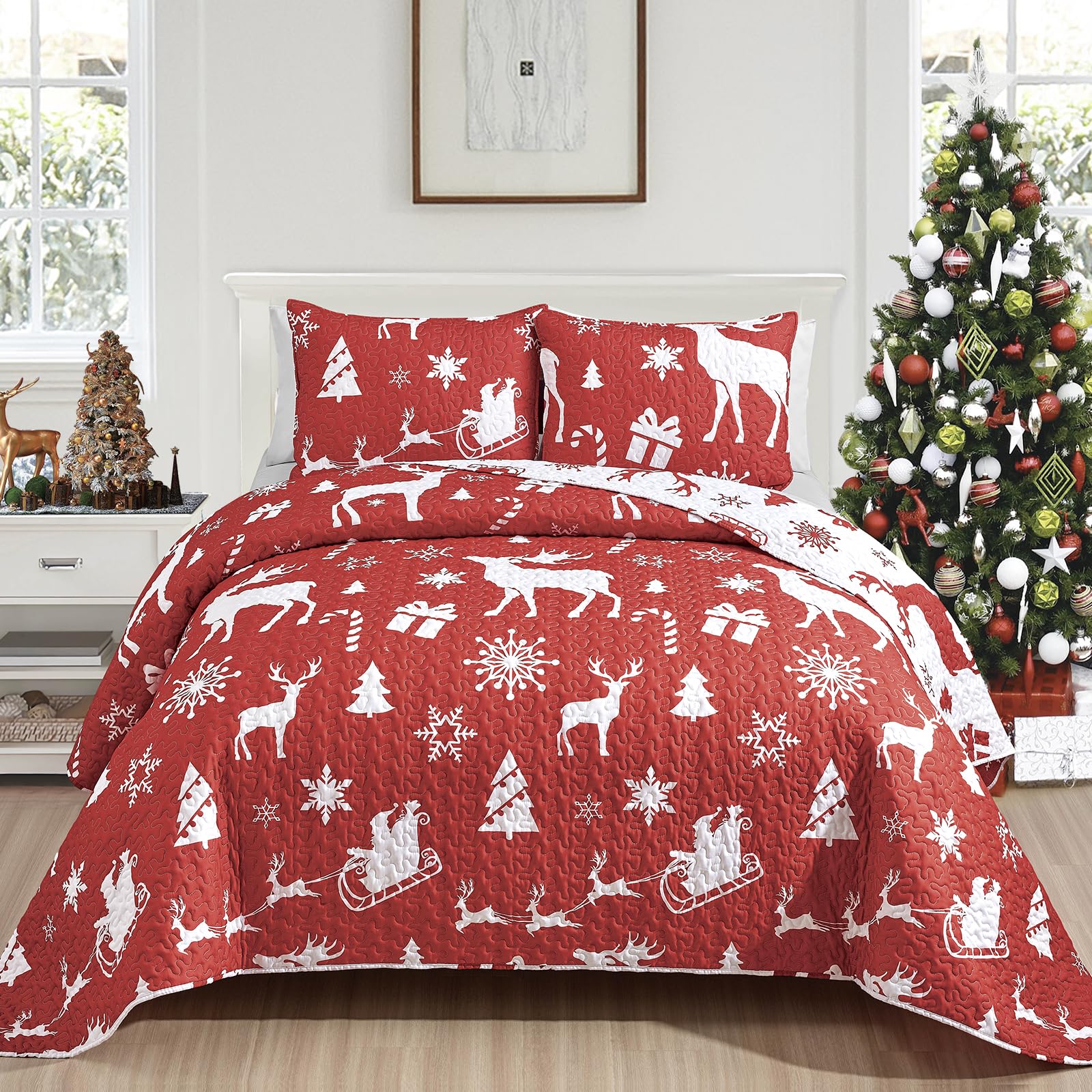 Mocaletto Luxury 3 Piece King Size Quilt Set, Elegant&Reversible Christmas Quilts Set Bedding Set with Pillow Sham,Holiday Reindeer Bedspread,Lightweight Microfiber King Size Coverlet
