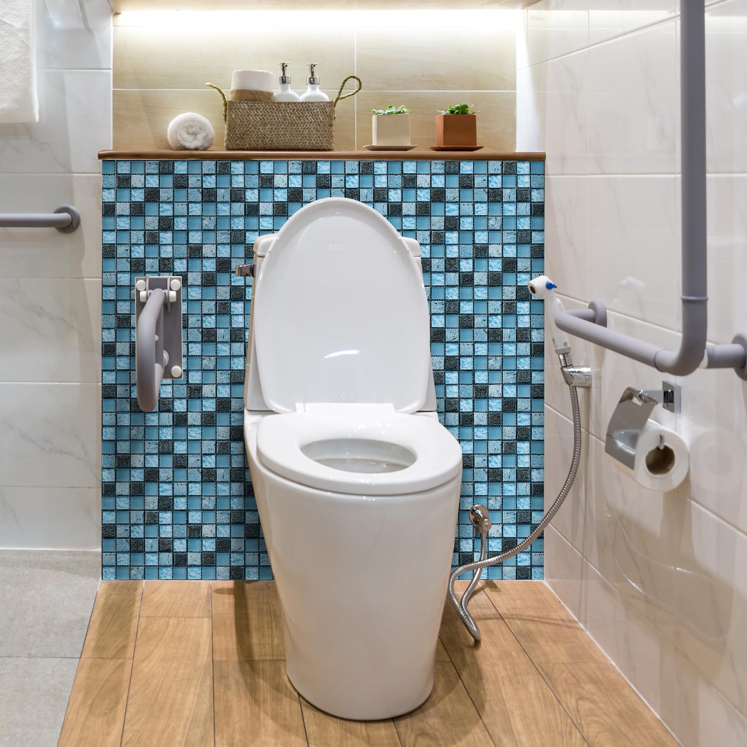 Carrelage adhésif décoratif raffiné effet marbre bleu mosaïque pour salle de bain, cuisine et décoration intérieure. PVC imperméable et résistant à l'huile. Facile à poser et à décoller. Lot de 30 (15