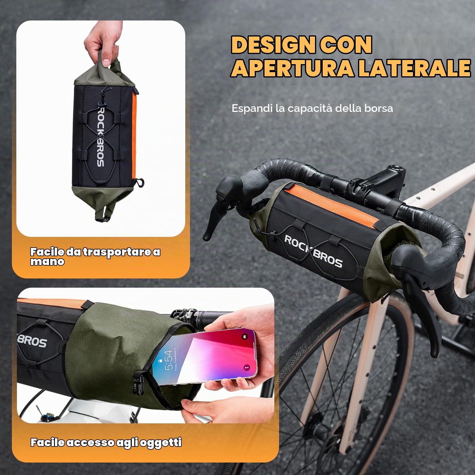 ROCKBROS Borsa Bici Manubrio 2L Tracolla + Borsa Posteriore Impermeabile | Portatile Forma Cilindrica + Grande Capacità 25L, Facile Trasportare per MTB