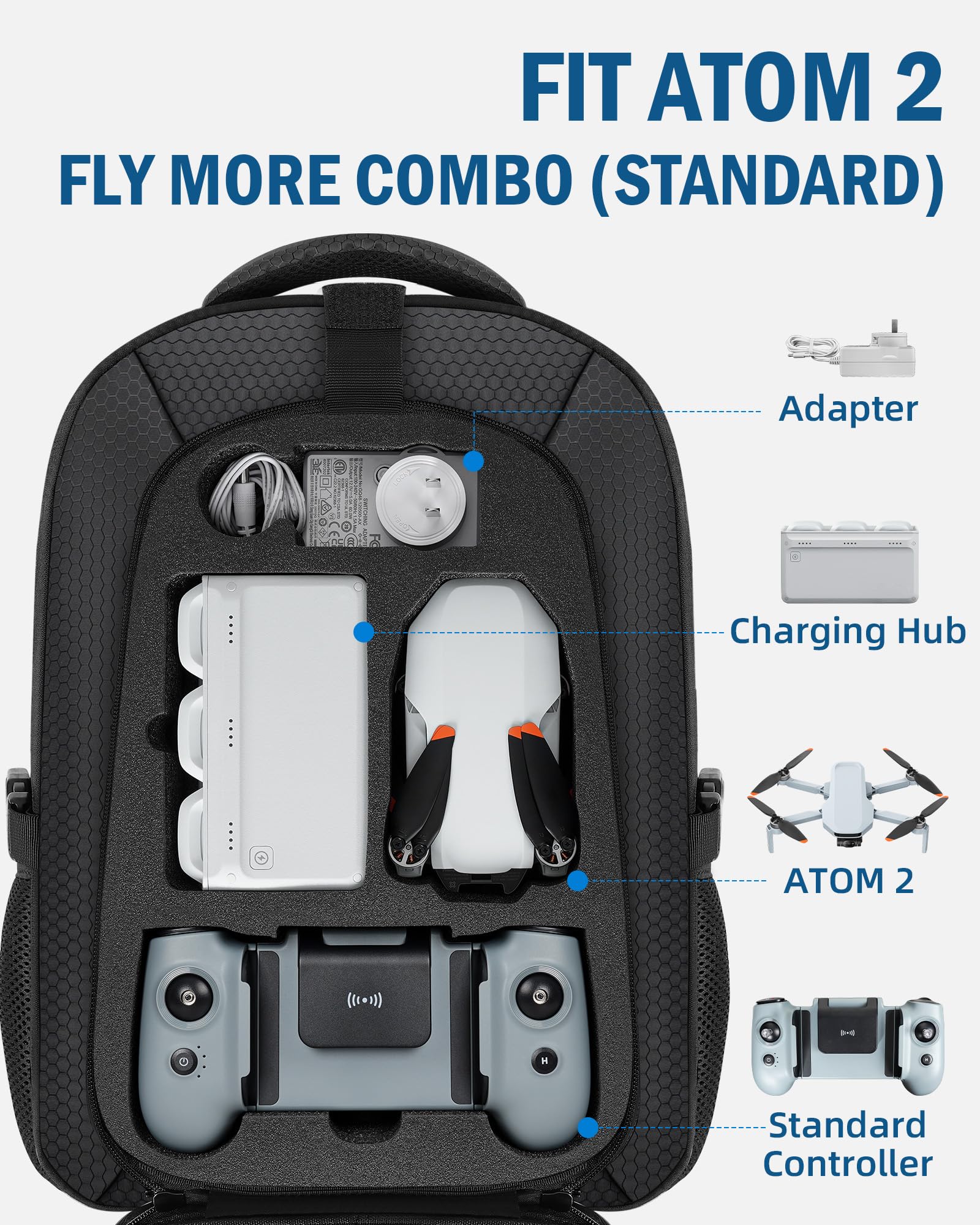 PEKREWS Atom 2 Case, zaino di grande capacità per Potensic Atom 2/SE/3-Axis/LT, borsa espandibile da viaggio per laptop da 15,6 pollici e Fly More Combo, custodia impermeabile per accessori per droni