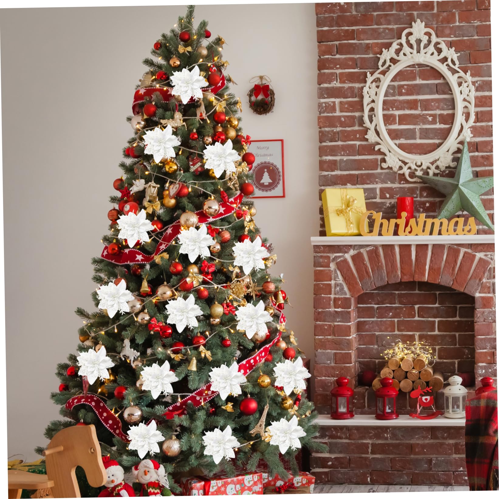 30 Fleurs De Noël Artificielles à Paillettes Dorées - Poinsettia Pour Sapin, Guirlande, Mariage (tailles 8/10/15 Cm) Avec 35 Pinces