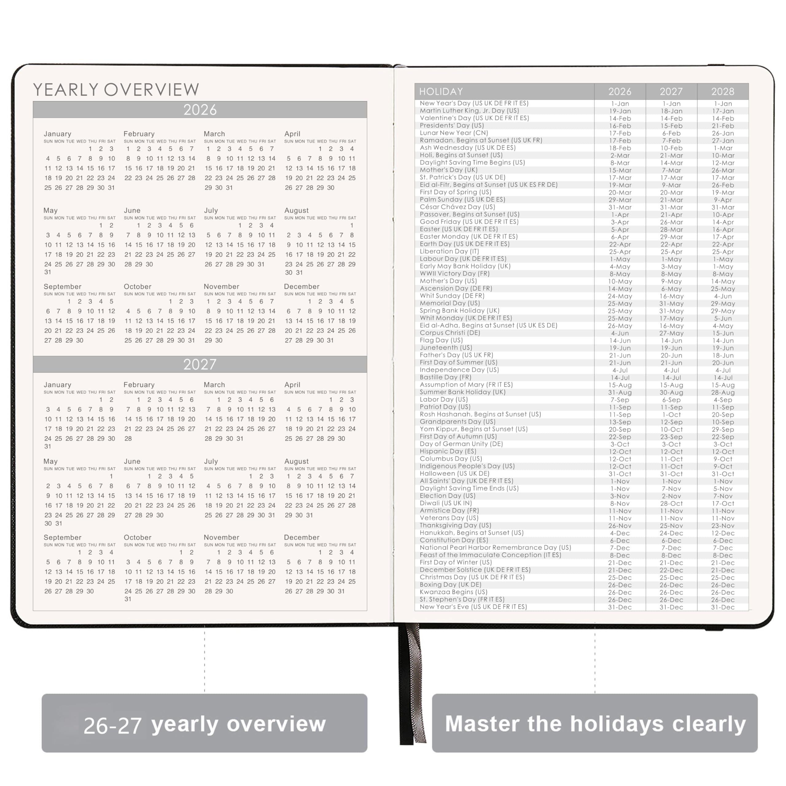 kalender 2020 A5, Terminplaner 2020 Taschenkalender mit Ledereinband und Stiftschlaufe und dicken Papieren, Innentasche und 88 Notizseiten im Geschenkkarton