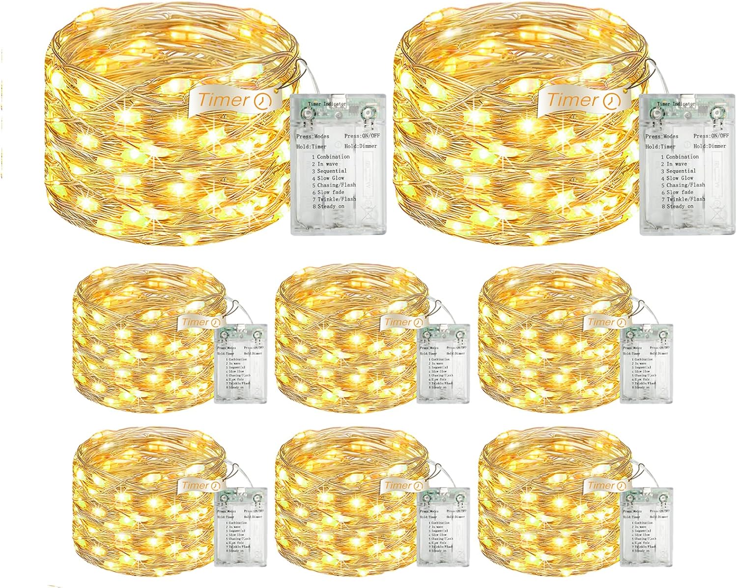 8 Pack 16FT 50 LED Fairy Lights Battery Operated with Timer, 8 Modes USB Mini Twinkle Light, Small String Lights for Wreath Vase Bedroom DIY Wedding Party Decorations-Warm White