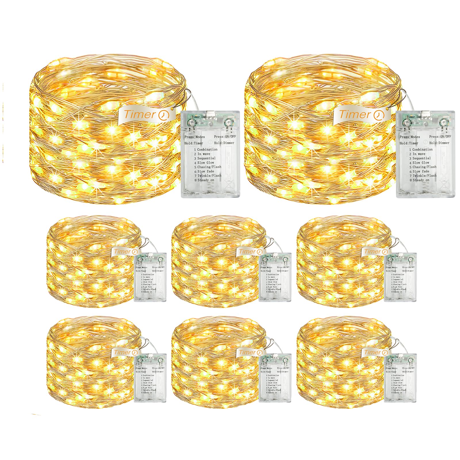 Lichterkette mit 50 LEDs, batteriebetrieben, mit Timer, 8 Modi, USB-Mini-Funkel-Licht, kleine Lichterkette für Kranz, Vase, Schlafzimmer, DIY, Hochzeit, Party, Dekoration, Warmweiß, 8 Stück