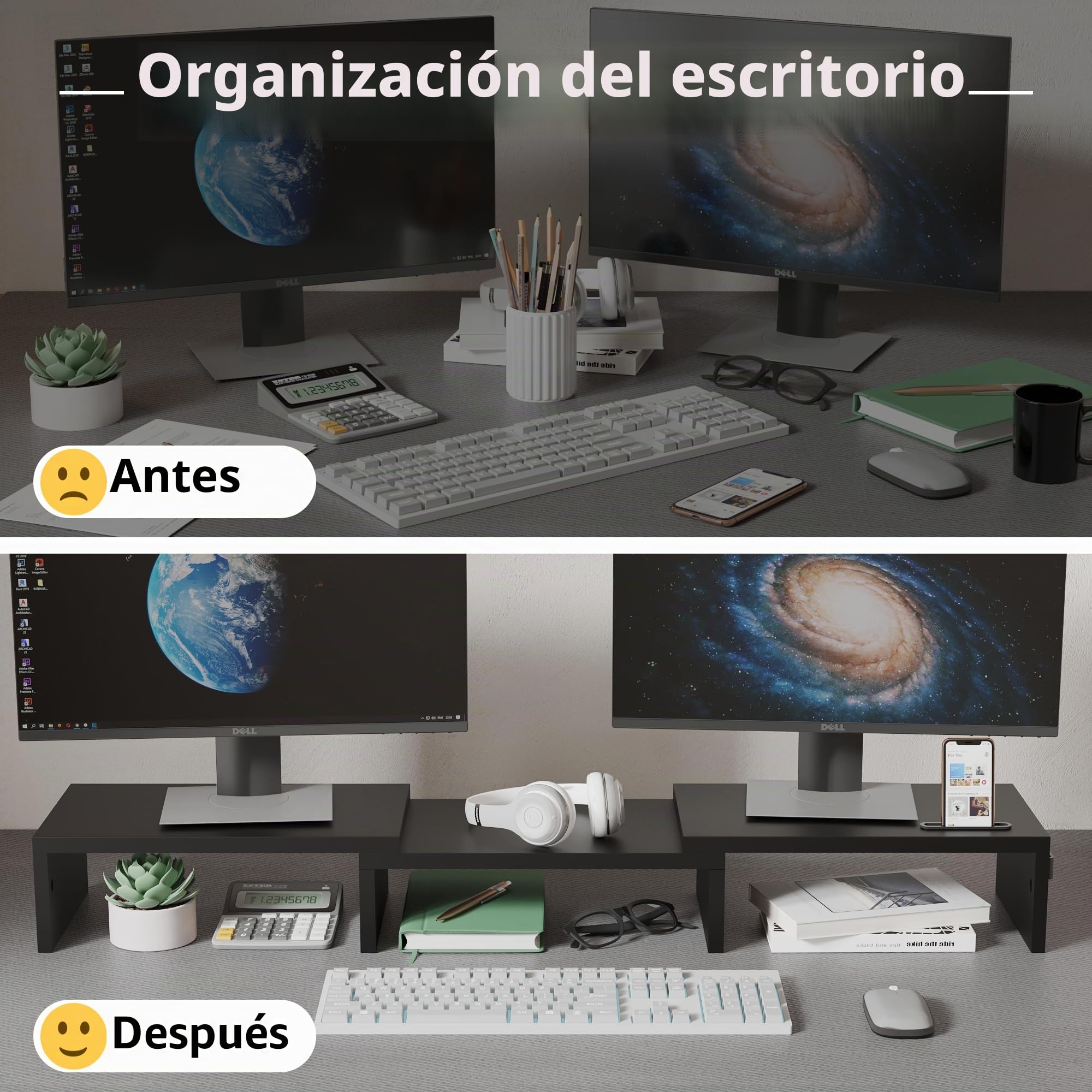 BONTEC Elevador Monitor de Madera para Doble Monitor, Soporte Giratorio Ajustable con Soporte para Smartphone