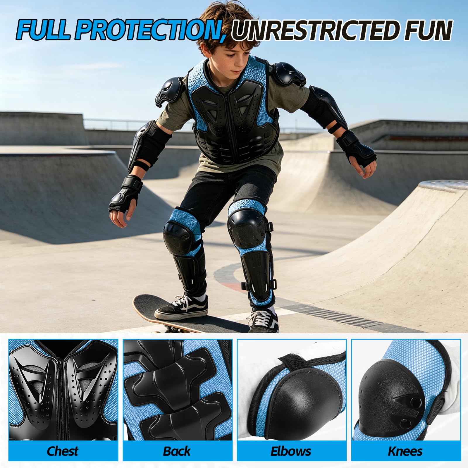 Traje de armadura corporal de motocicleta para niños, chaqueta protectora de motocicleta de 5 piezas con rodilleras, coderas, protector de pecho para ciclismo, motocross, patineta, actividades al aire