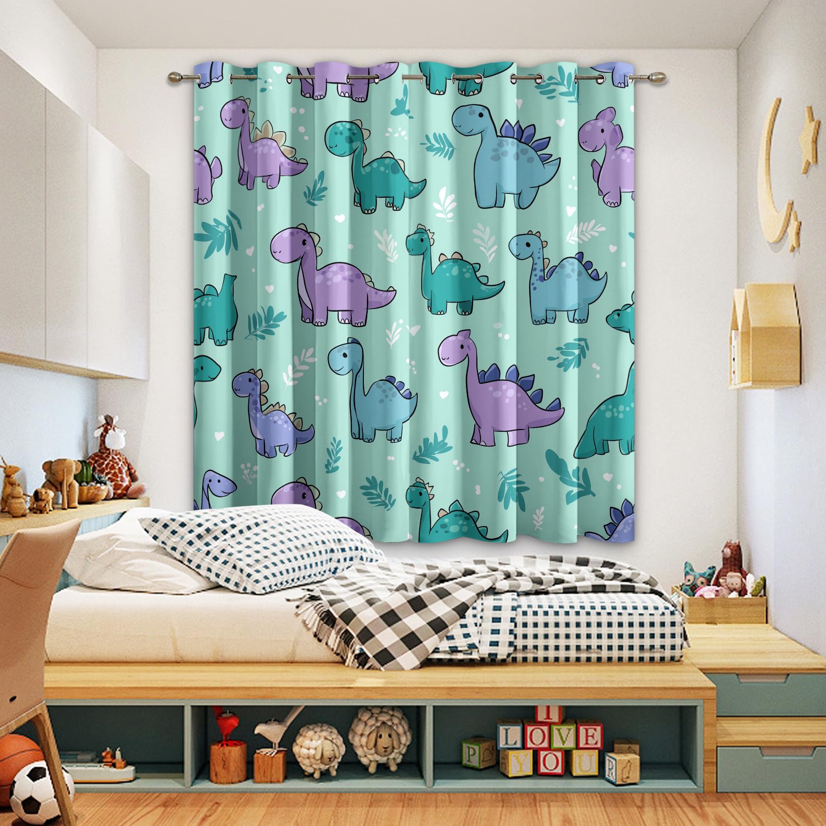 Générique Rideau Occultant Imprimé Dinosaure Enfant, Rideaux à Oeillets Thermique pour Chambre Salon, Motif Animaux Cartoon, L 140 x H 160, 2 Pièces, Decoration Maison - F449