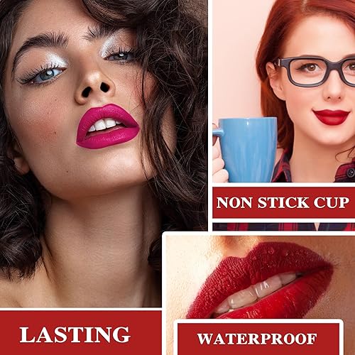 Miniatura 4 de WYBLZPXZ Juego de 3 lápices labiales líquidos color rojo oscuro, negro, morado, azul, mate, mate, de larga duración, impermeable, antiadherente, a