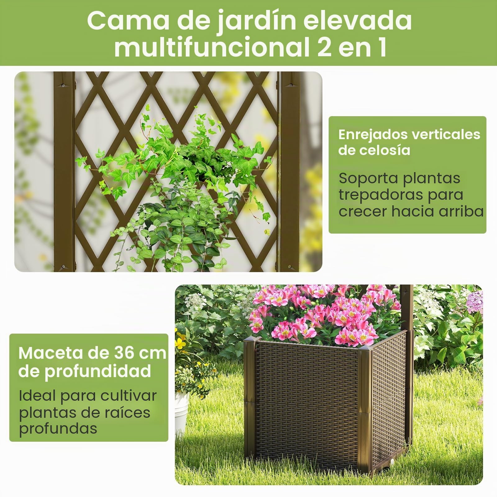 HOMASIS Cama de jardín elevada de madera con celosía, maceta de exterior con disco autoregado, agujeros de drenaje, bandeja de flores para plantas trepadoras, verduras (marrón)