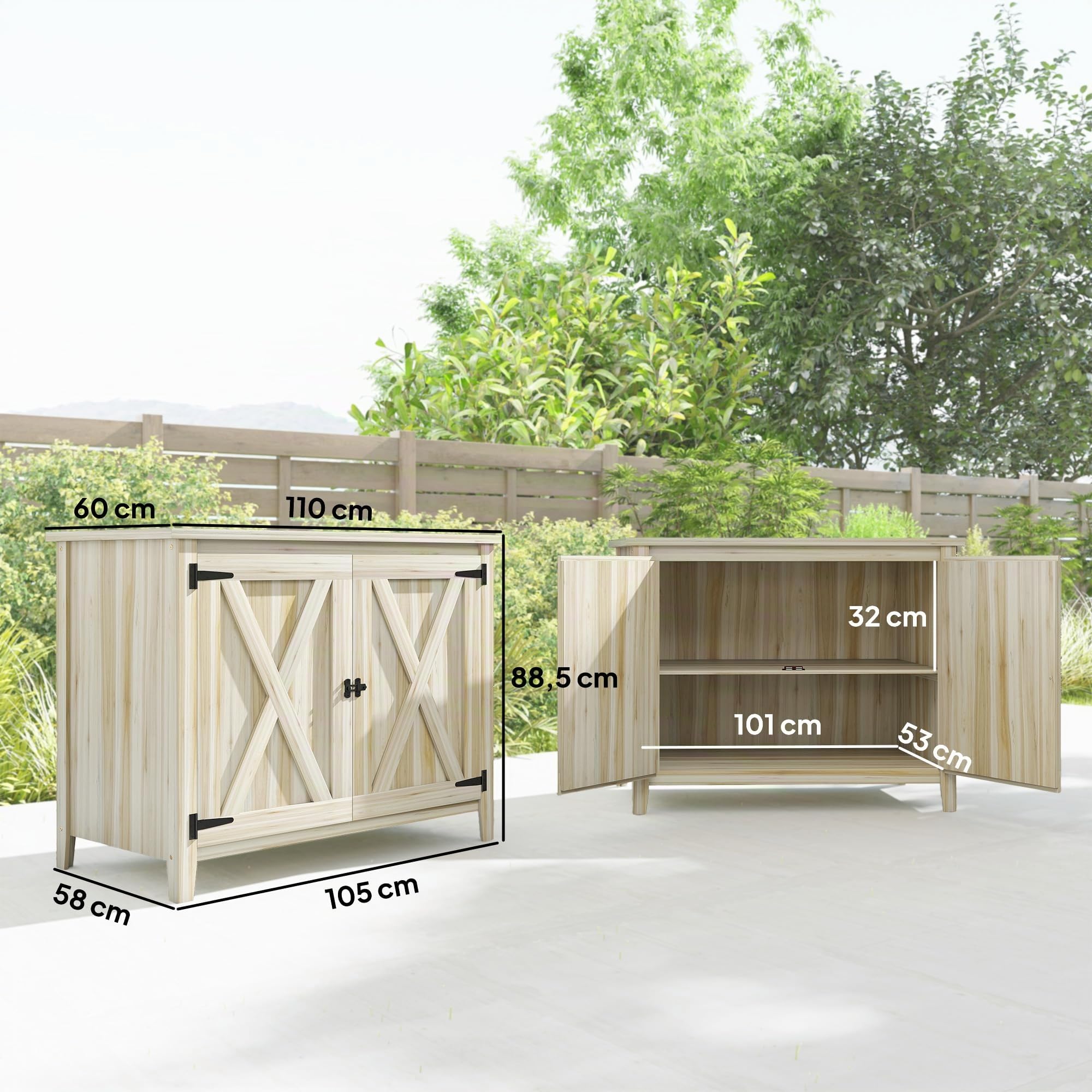 Outsunny Armoire de Jardin en Bois Étagères 110 x 60 x 88,5 cm Naturel | Double Portes, Placard de Jardin, Armoire à Outils