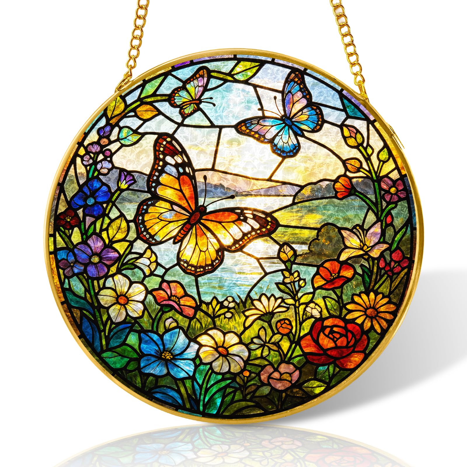 10 inch Butterfly Flower Stained Glass Suncatcher Windows Hanging,Stained Glass Ornament Home Decor,Suncatchers for Windows Hanging,Birthday Gifts for Women,Lovers,Friend(Gold)