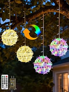 4 Pack 7.09" Christmas Light Balls Outdoor with Remote & Timer, Color Changing Hanging Sphere Xmas Lights, 11 Modes Dimmable Globe Lights with Plug for Outside Trees Yard Patio Indoor Decor
