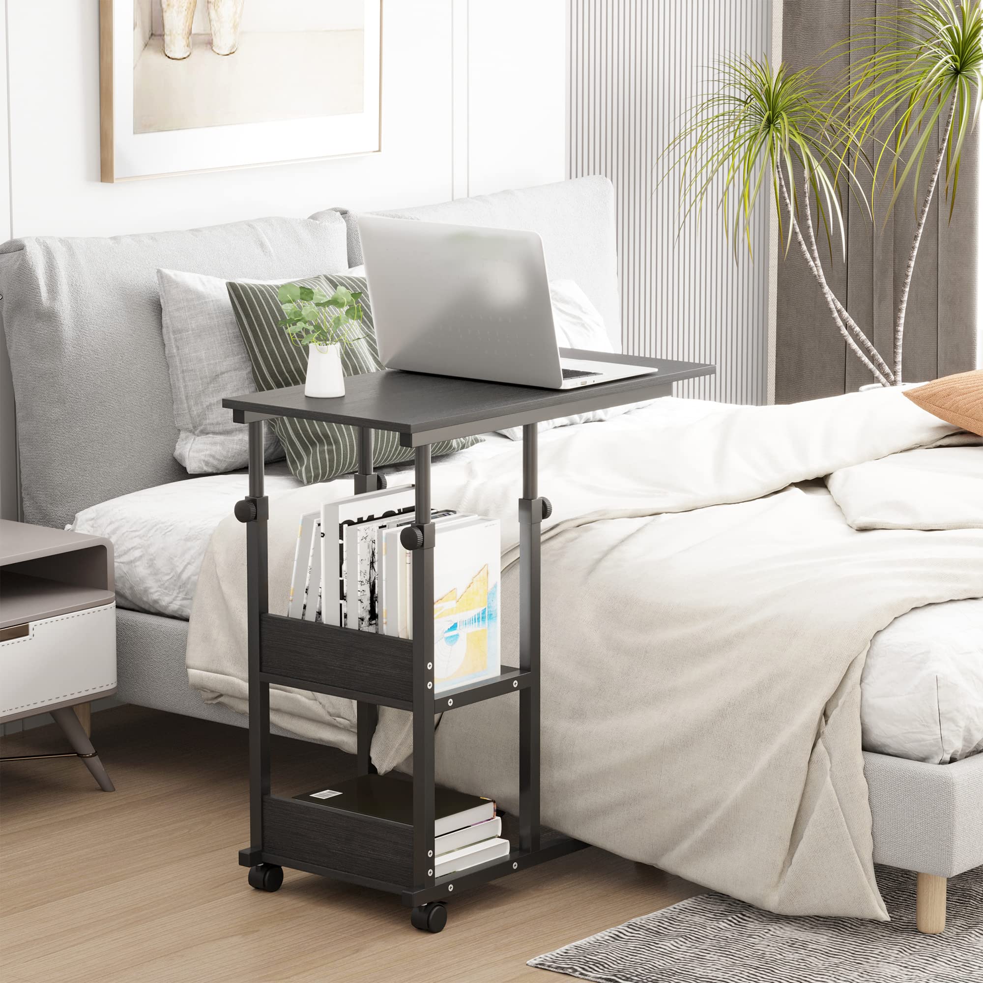 HOMCOM Tavolino da divano, tavolino da letto, per computer portatile, altezza regolabile, 2 ripiani integrati, telaio in metallo nero