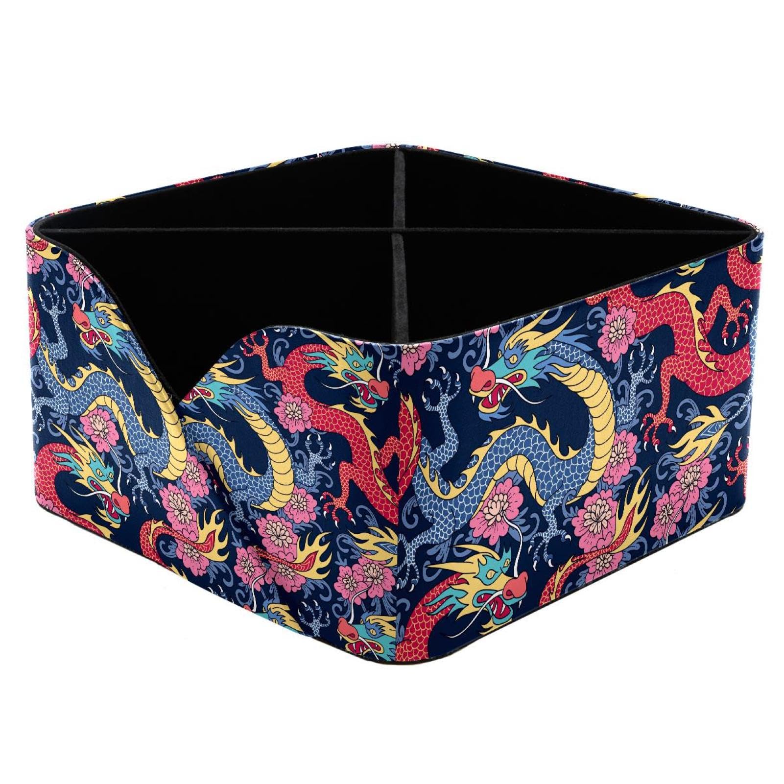 KengjuTesu Dragons Fighting in Flowers Desktop Organizer Pen Holder, Rectangular Pencil Cup for Office, Study and Makeup Stations
