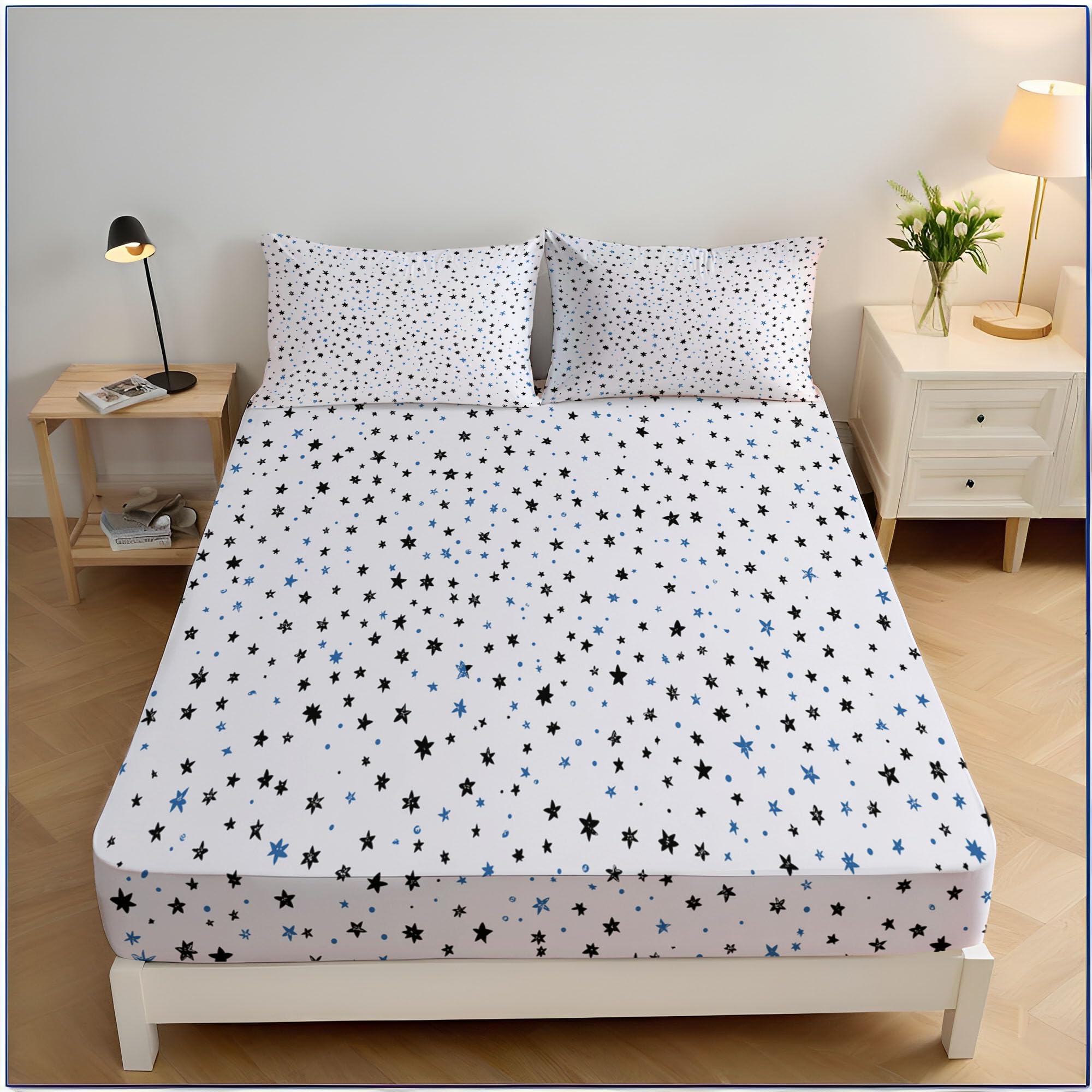 Drap housse 90x190 bleu foncé avec bonnet 30 cm et housse matelas élastique imprimé étoiles