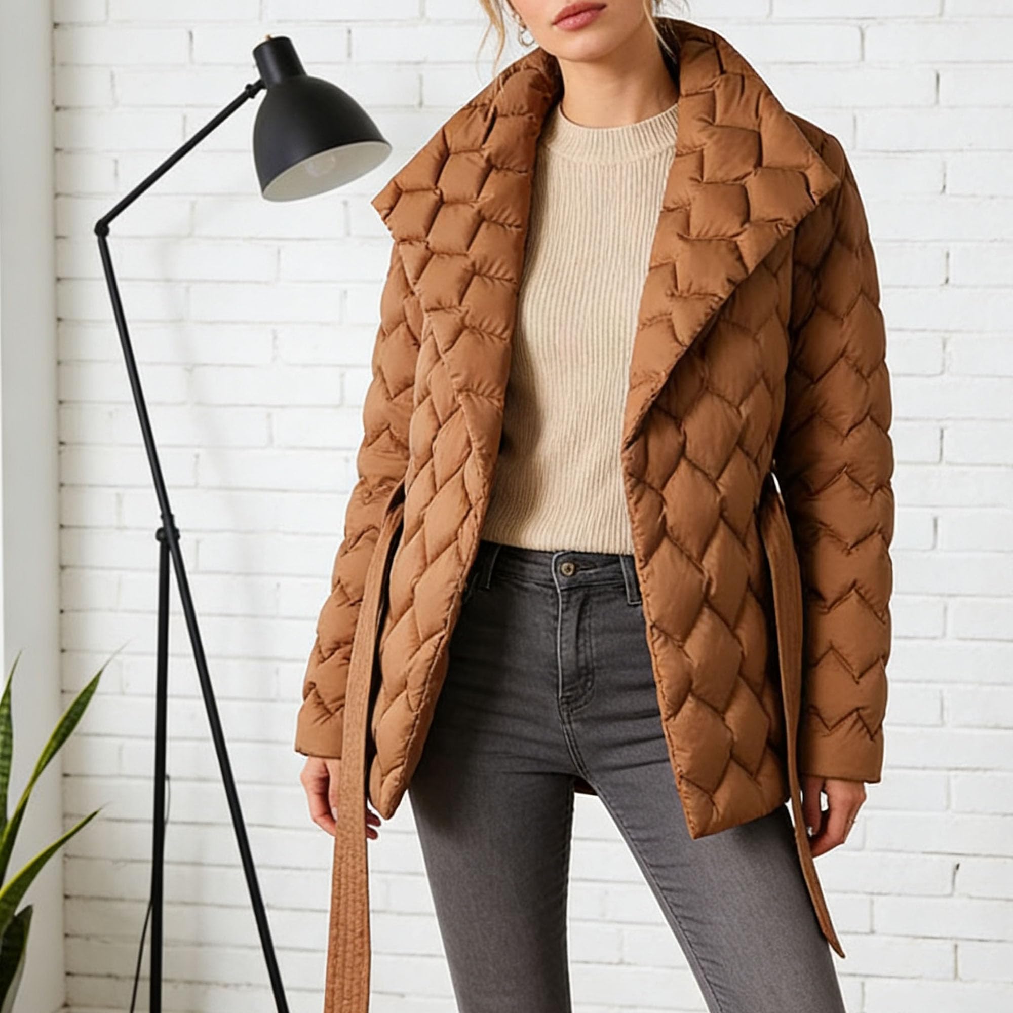 Piumino da donna trapuntato leggero con risvolto in vita elegante giacca imbottita in cotone classico invernale solido cappotto con cintura