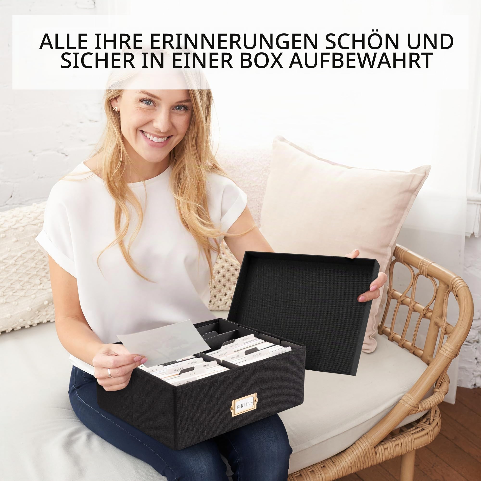 ZICOTO Dekorative Foto-Aufbewahrungsbox – stabiler Leinen-Foto-Organizer mit Trennwänden ist perfekt für bis zu 1700 Bilder und 10 x 15 cm große Fotos – tragbare Scrapbook-Aufbewahrungsbehälter mit