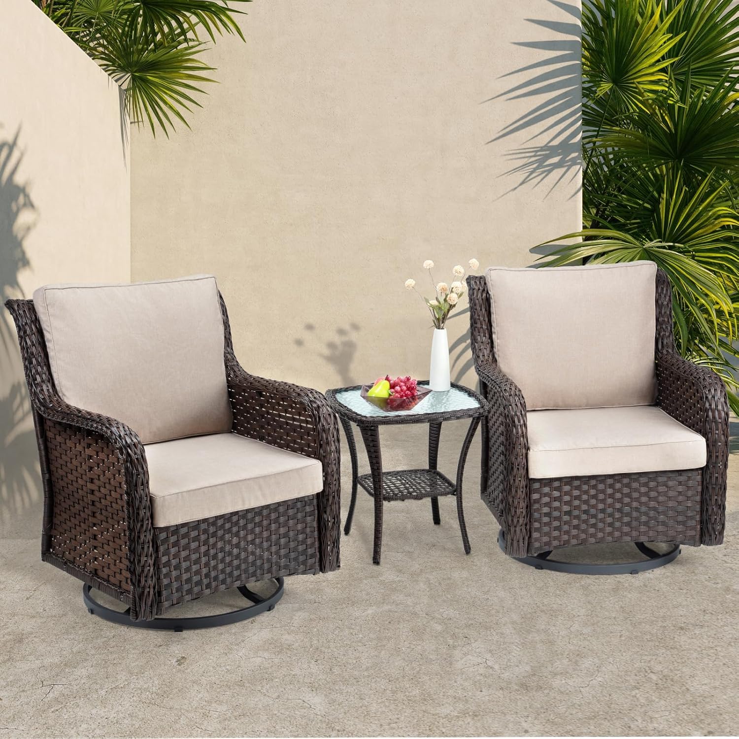 Outdoor Porch Chairs with Table, 3-Piece Wicker Glider Rocking Chair Set, 360° Swivel Patio Furniture with 4" Thick Cushions for Porch, Deck, Balcony