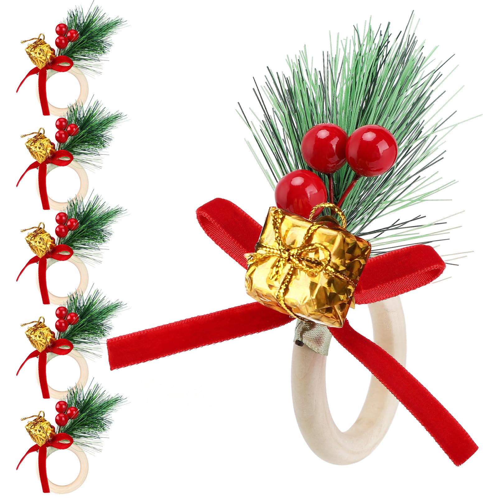 Set of 6 Vintage Christmas Napkin Rings - Wooden Wreath Napkin Cloth Holders Rings with Gold Gift Box & Velvet Bow for Dinner Table Decor, Xmas Holiday Party Decorations