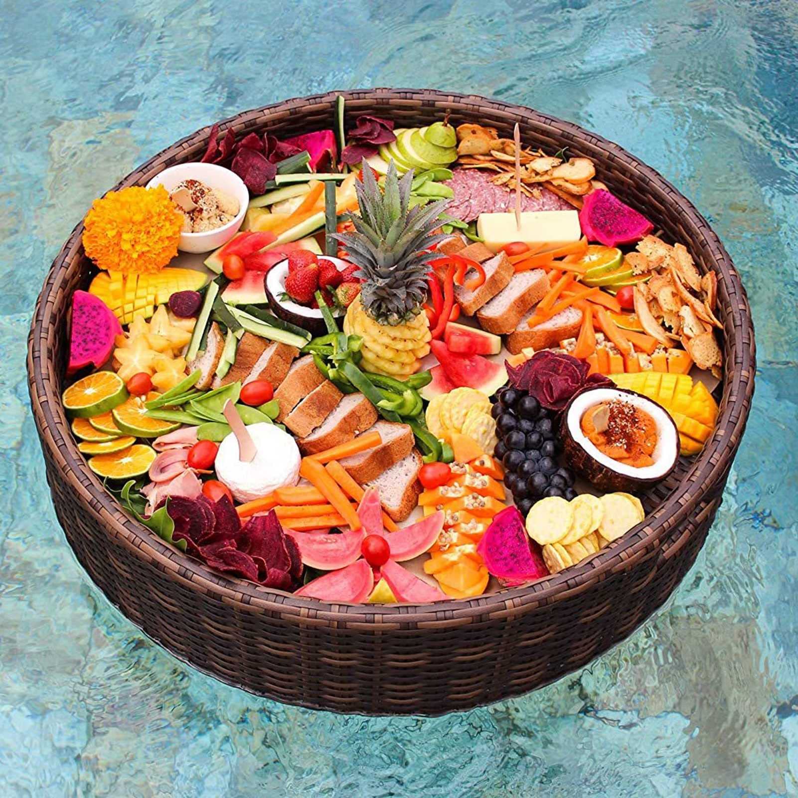 Elegante vassoio da piscina galleggiante in rattan, per uso esterno, perfetto per bevande, snack e intrattenimento a bordo piscina