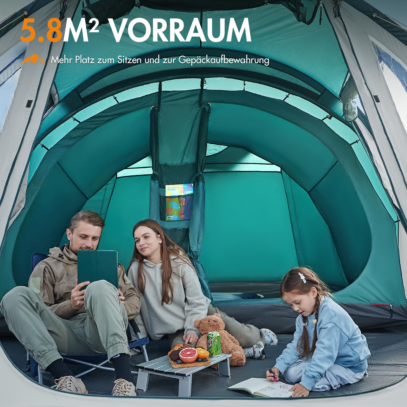 PORTAL Zelt 5 Perosonen Luxus Camping Zelt Wasserdicht 3000mm mit 2m Stehhöhe Vorzelt Bodenwanne Fenster 4-5 Mann 4Plus Tunnelzelt Familienzelt Festivalzelt für Camping Reise Trekking Garten