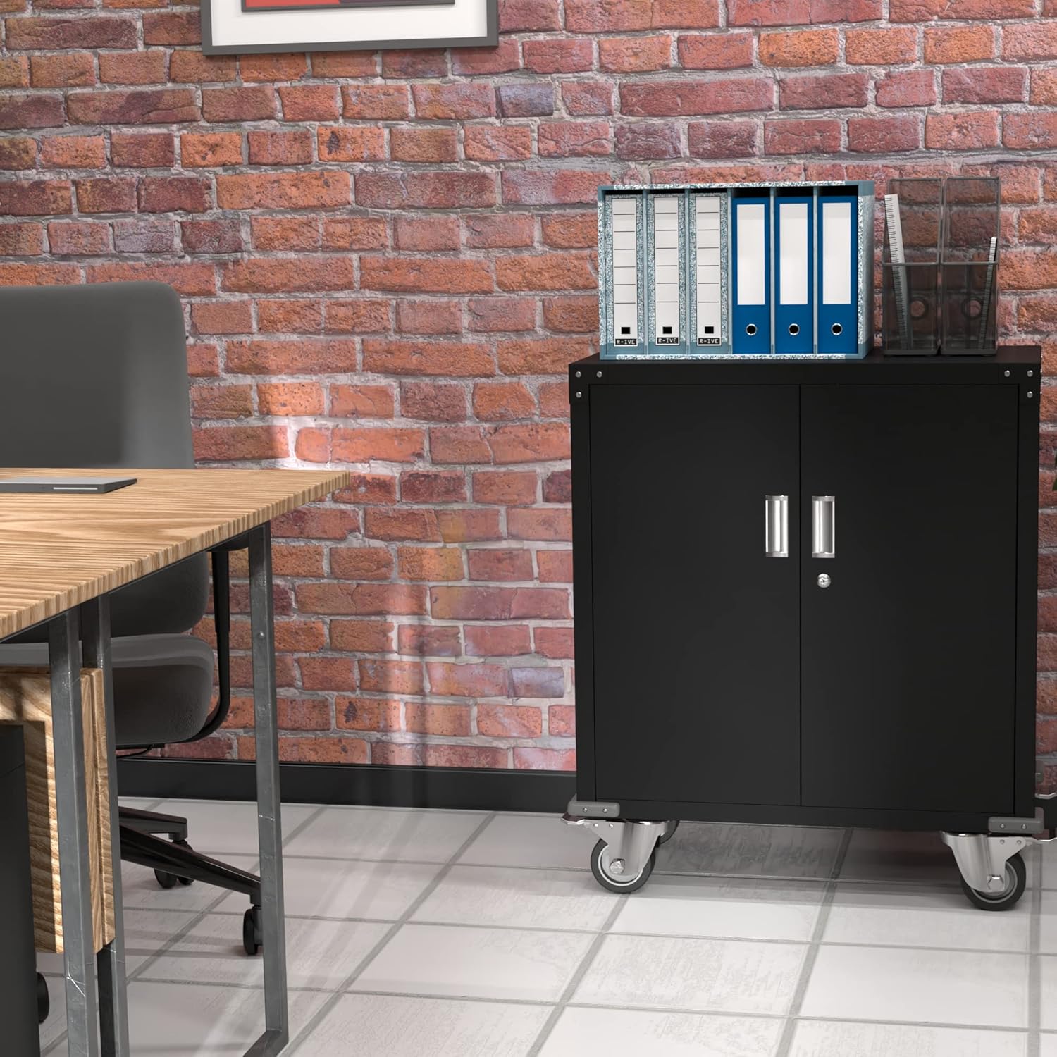 Black Steel Lockable Office Cabinet with Adjustable Shelves and Wheels