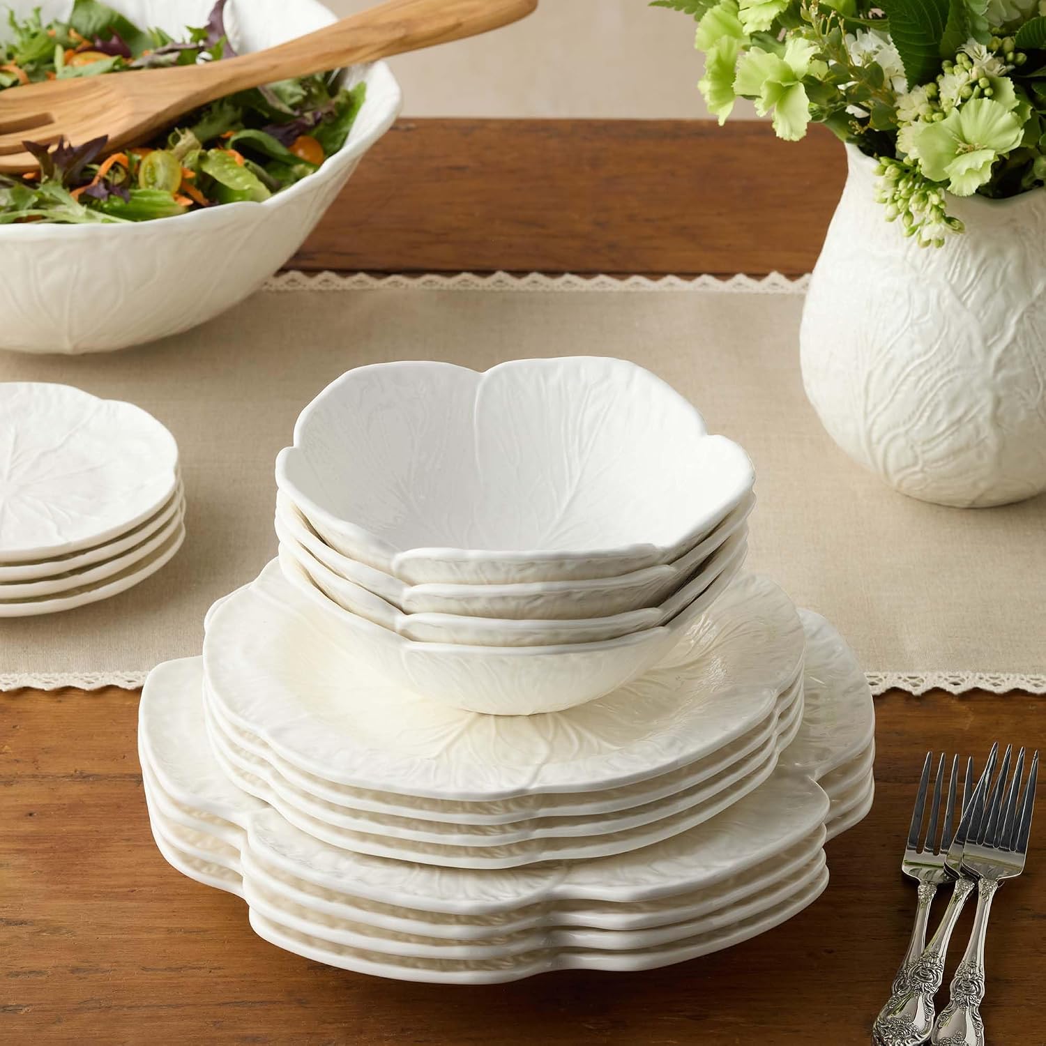 White Cabbage 12-Piece DINNERWARE SET, SERVICE FOR FOUR – Ivory Stoneware Plates & Bowls with Sculpted Garden Leaf Design