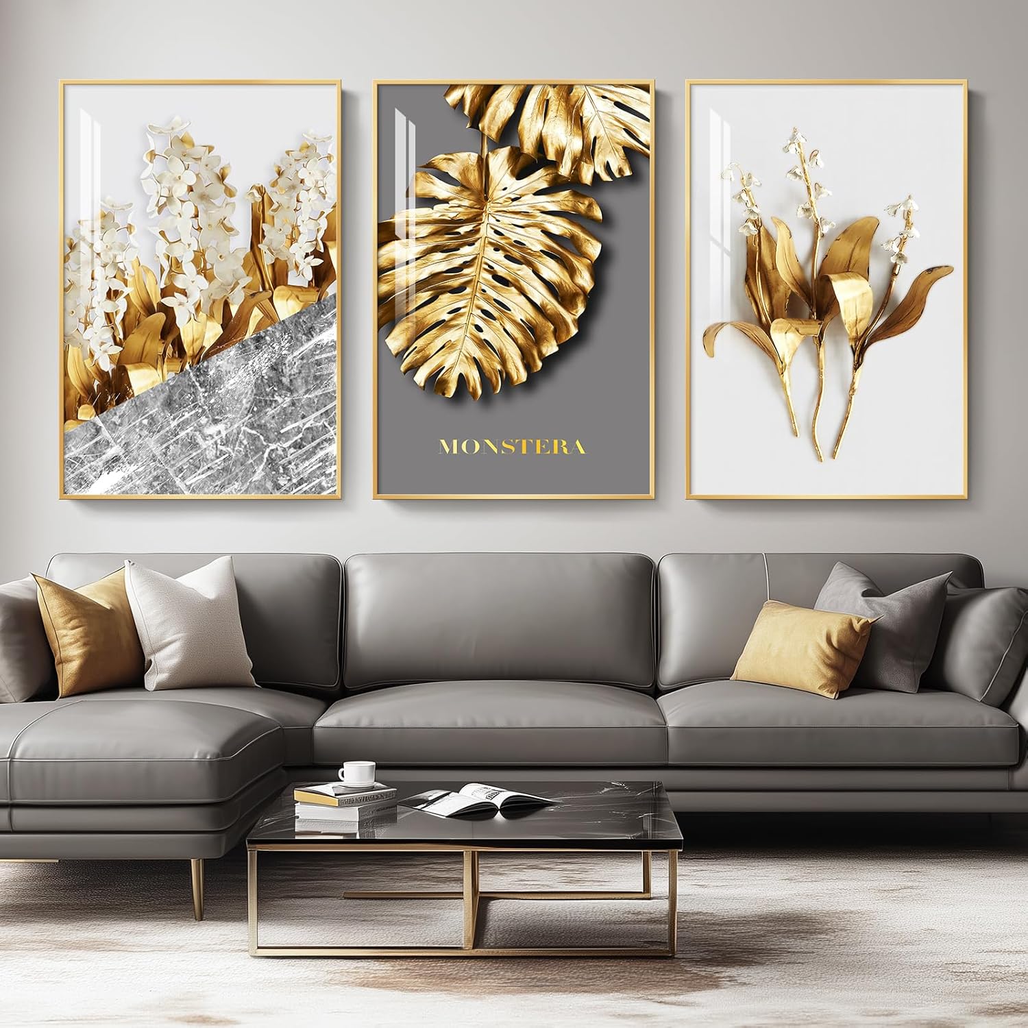 Framed Modern Luxury Large Gold Wall Art for Living Room, Set of 3 Piece Contemporary Paintings Artwork for Walls, Big Size Prints with Gold Frame, Pictures for Hallway, Office Wall Decor 24x36 Inch 36" H x 72" W Golden Leaf Elegance