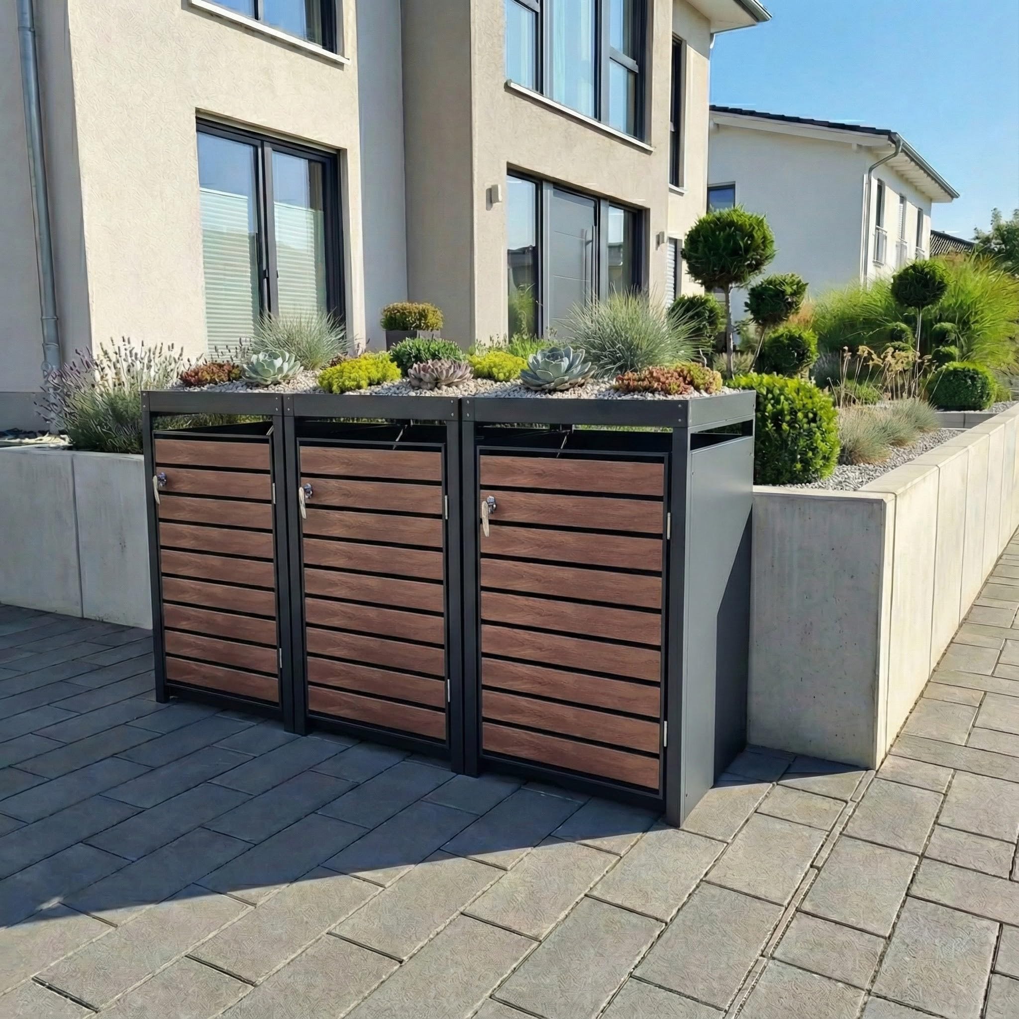 Metzler Box à poubelles 3x240L Anthracite & Aspect Bois avec Toit végétal & Bande de visibilité, Habillage pour 3 bacs avec Couvercle Automatique, Acier poudré Inoxydable, verrouillable