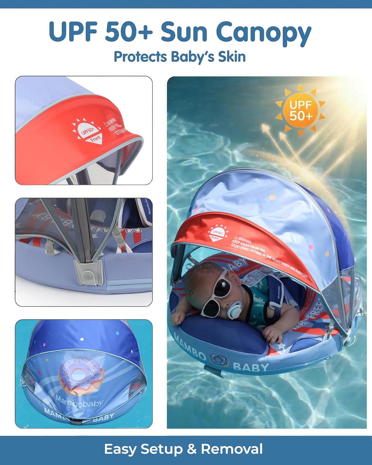 Mambobaby No Inflate Baby Float with Canopy, with Exclusive Storage Bag, Infant Toddler Pool Float for 3-24 Months, UPF 50+ Sun Protection 5-Point Harness Solid Pearl-Foam Baby Boat Float