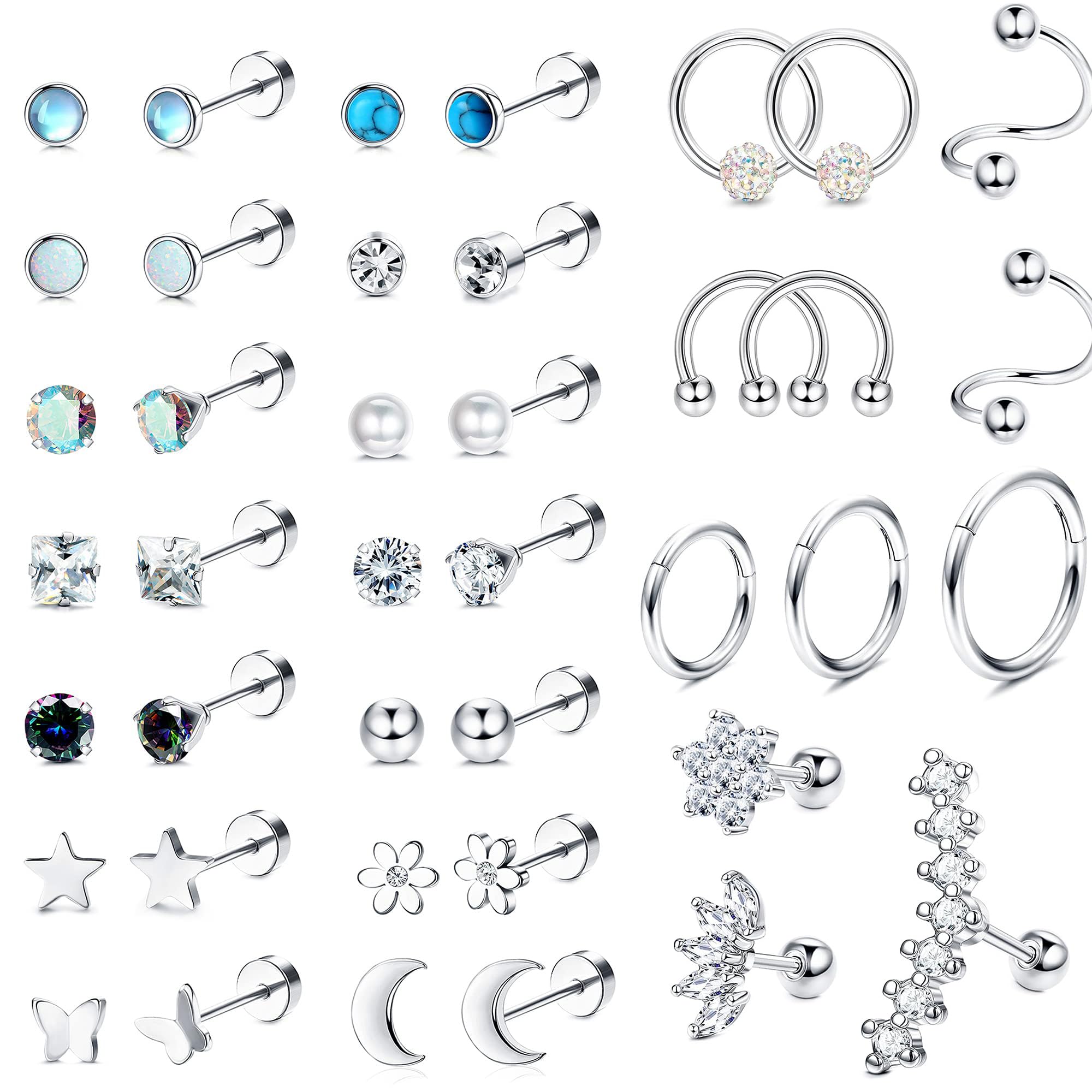 KRFY 40Pcs Piercing Oreja Acero Quirurgico Set para Mujer Hombre CZ Opal Star Moon Stud Hoop Aretes Helix Pendiente Zirconia Piercing 20G Flat Back Helix Piercing Joyería