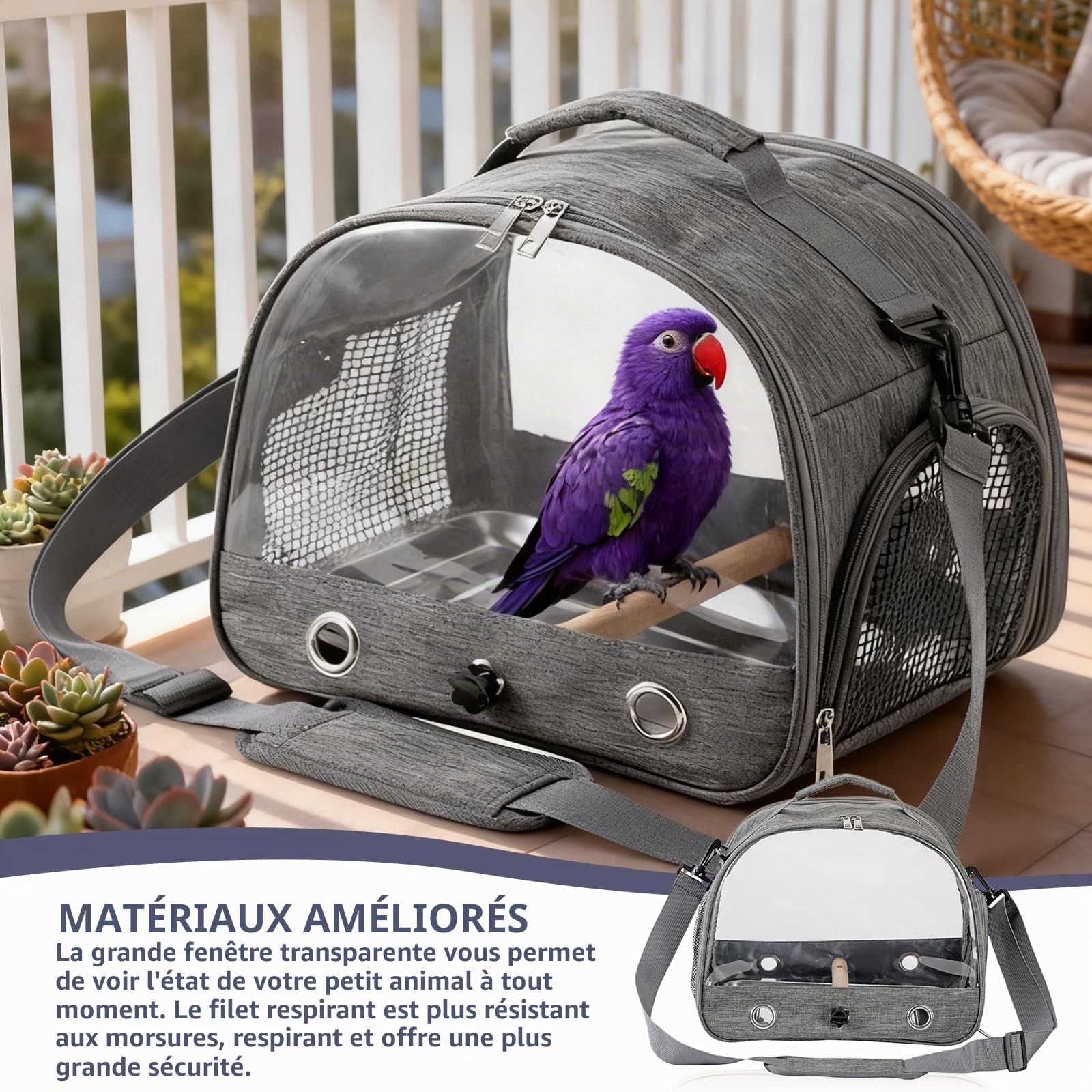 Sac de transport pour oiseaux, avec perchoir et plateau en acier inoxydable, boîte de transport pour oiseaux, perméable à l'air, pour perruches, perruches, petits animaux, boîte de transport pour