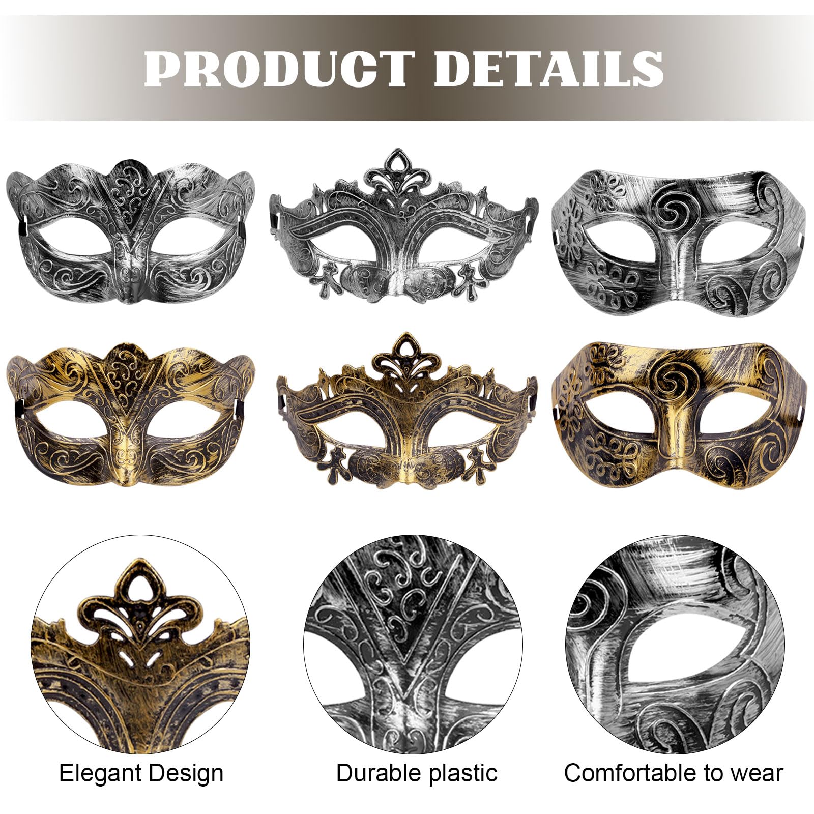 MUNSKT Venetian Mens Masquerade Ball Masks Face Mask for Party Fancy Dress Ball, Masked Ball, Halloween 6 PCS(Silver,Gold) - Image 3