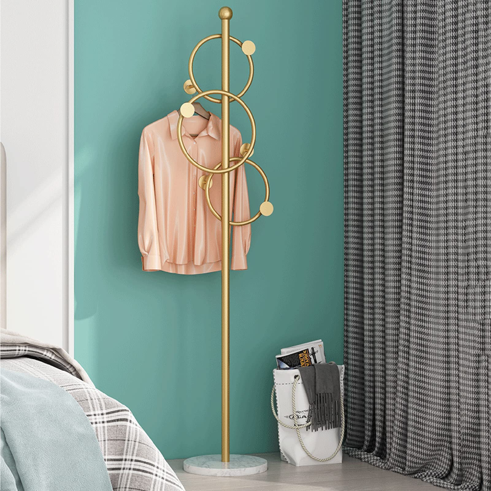 Appendiabiti Autoportante A L Con Base In Ardesia, Stile Rustico, Oro/Bianco, 170 Cm, 3 Ganci