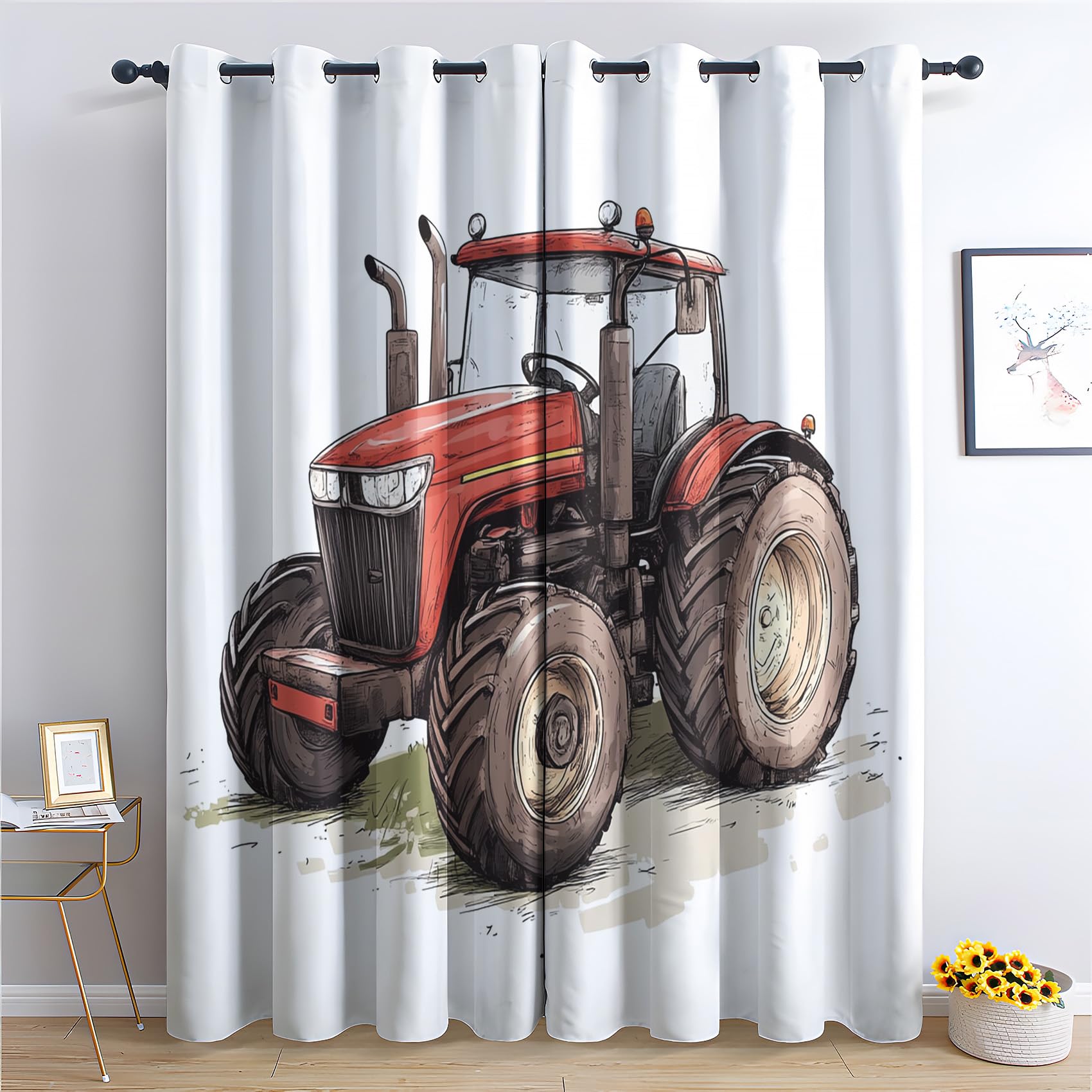 DlaQoryx Cartoon Tractor Blackout Curtains, Farm Truck Thermal Curtains, Curtains & Drapes for Bedroom Living Room Home Decor, Eyelet Window Curtains 2 Panels 66x72 Inch Length