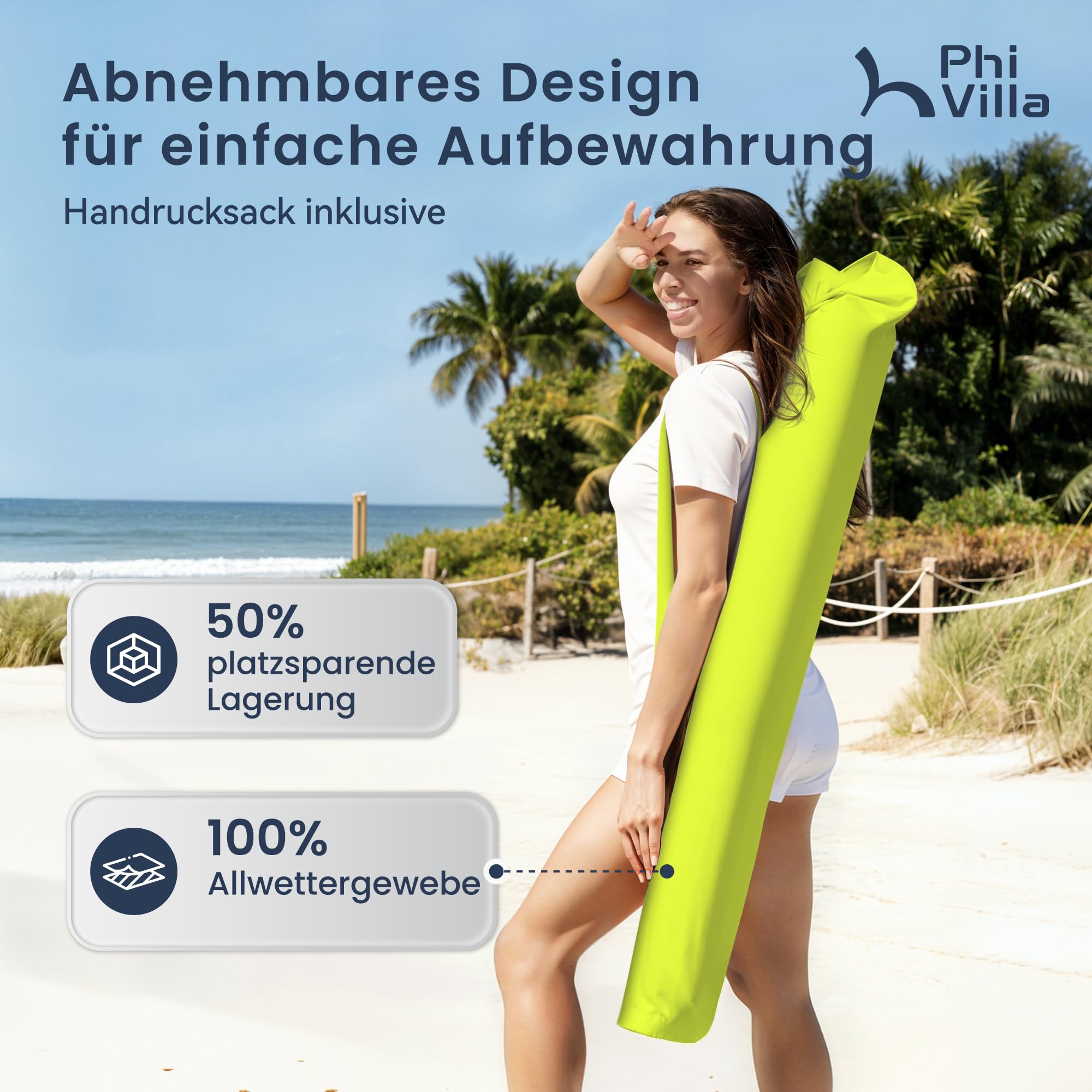 PHI VILLA Parasol de balcon rotatif à 360 ° - 180 x 130 cm - Avec housse et pince - En aluminium - Réglable en hauteur - Résistant au vent - Stable à emporter - Protection UV50+ - Pour balcon