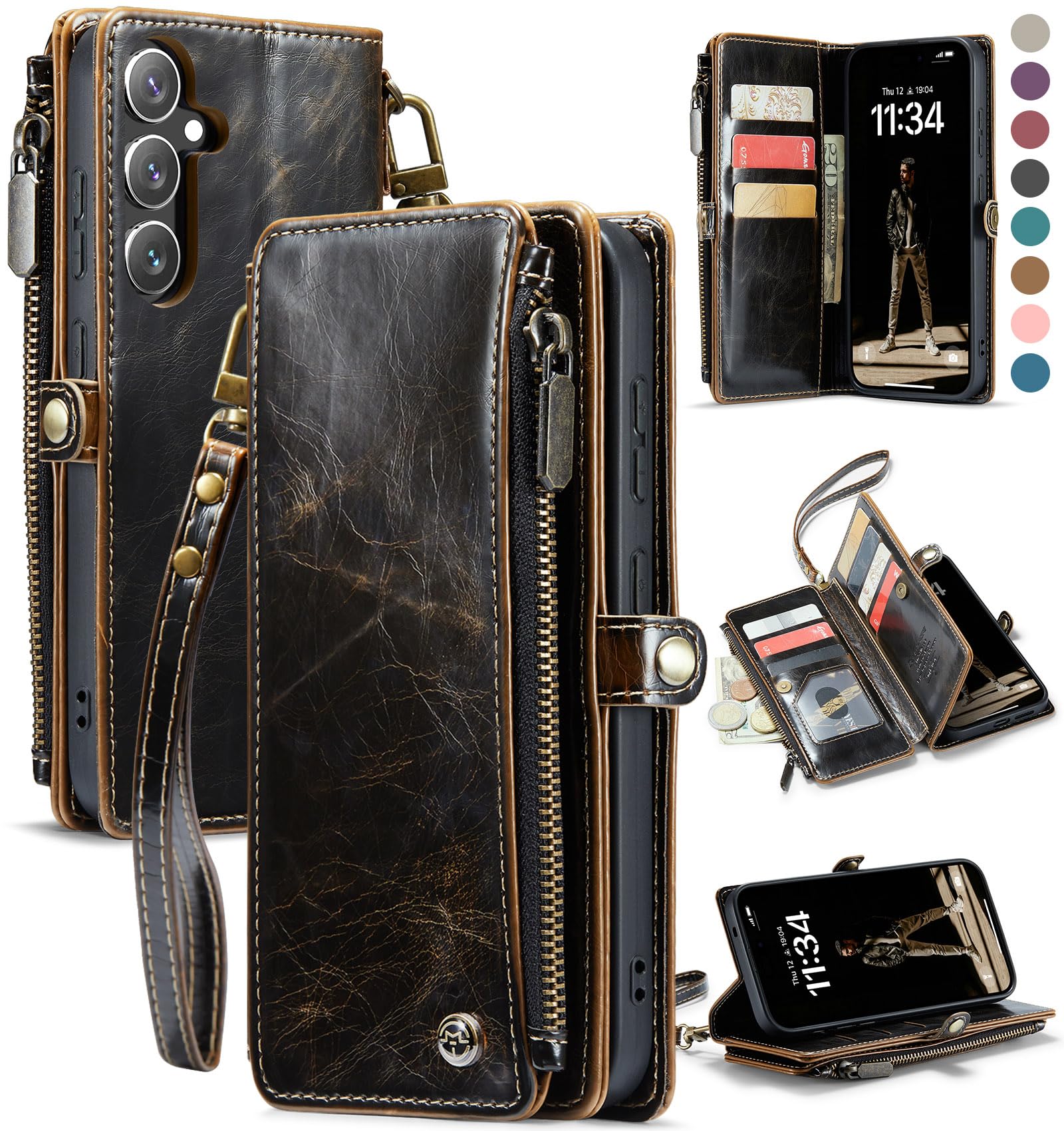 Defencase for Galaxy S25 Plus/S25+ Case Wallet with RFID Blocking Card Holder for Women Men, Elegant Leather Magnetic Snap Flip Strap Zipper Wallet