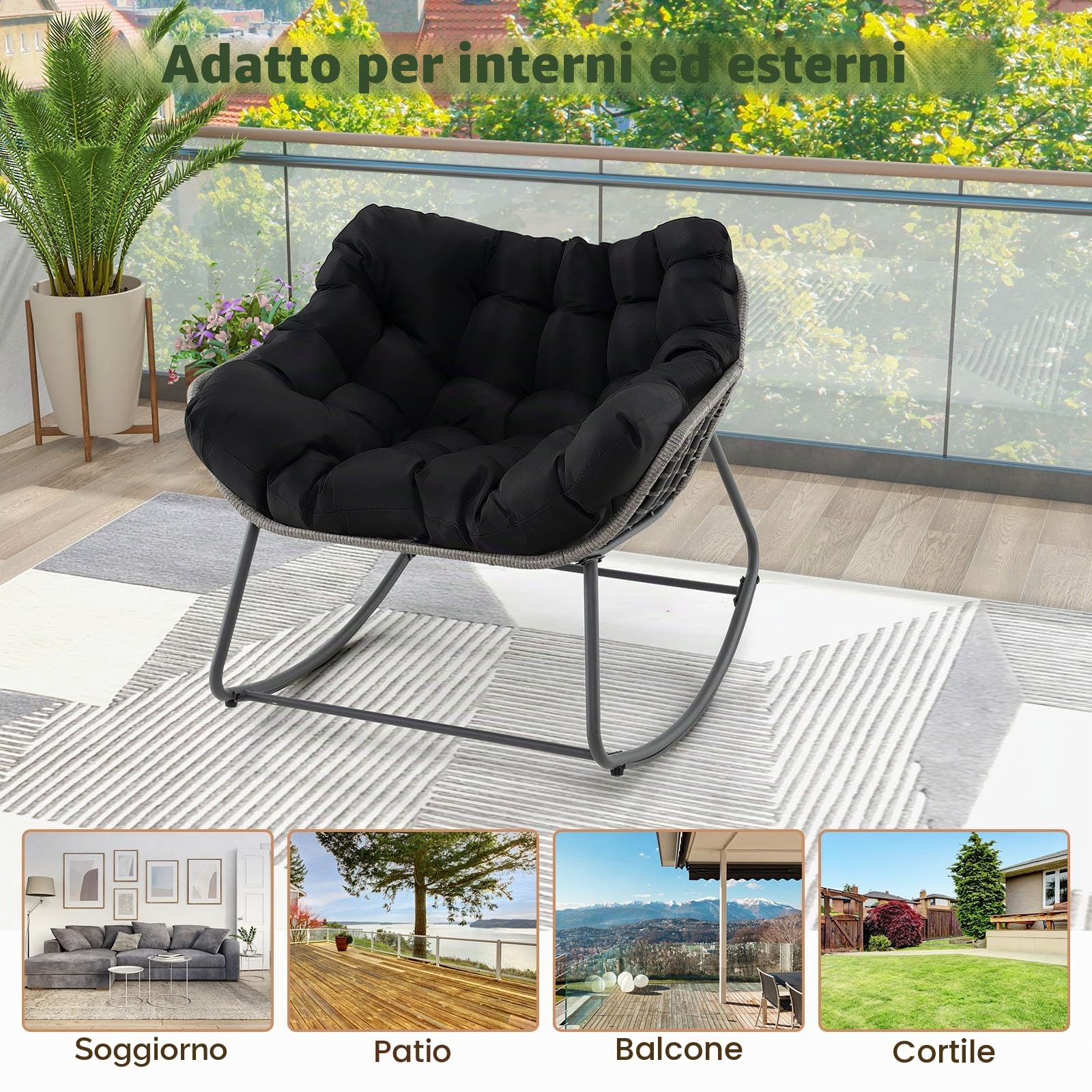 LIFEZEAL Sedia a dondolo da giardino, in rattan, per esterni, con cuscino imbottito, per balcone, veranda, soggiorno e terrazza (nero)
