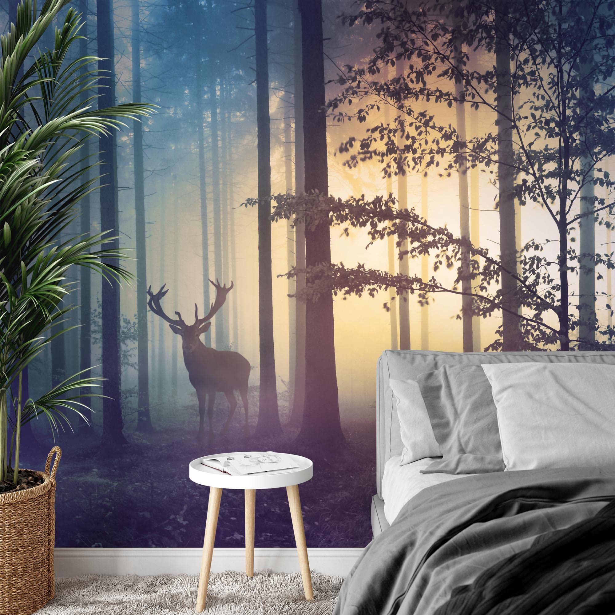 Runa Art Photo Wallpaper Wald Hirsch Fog 352 x 250 cm Non-Woven Wall Art XXL Moderne Living Room Bedroom Yellow Blue 9338011a - Image 3