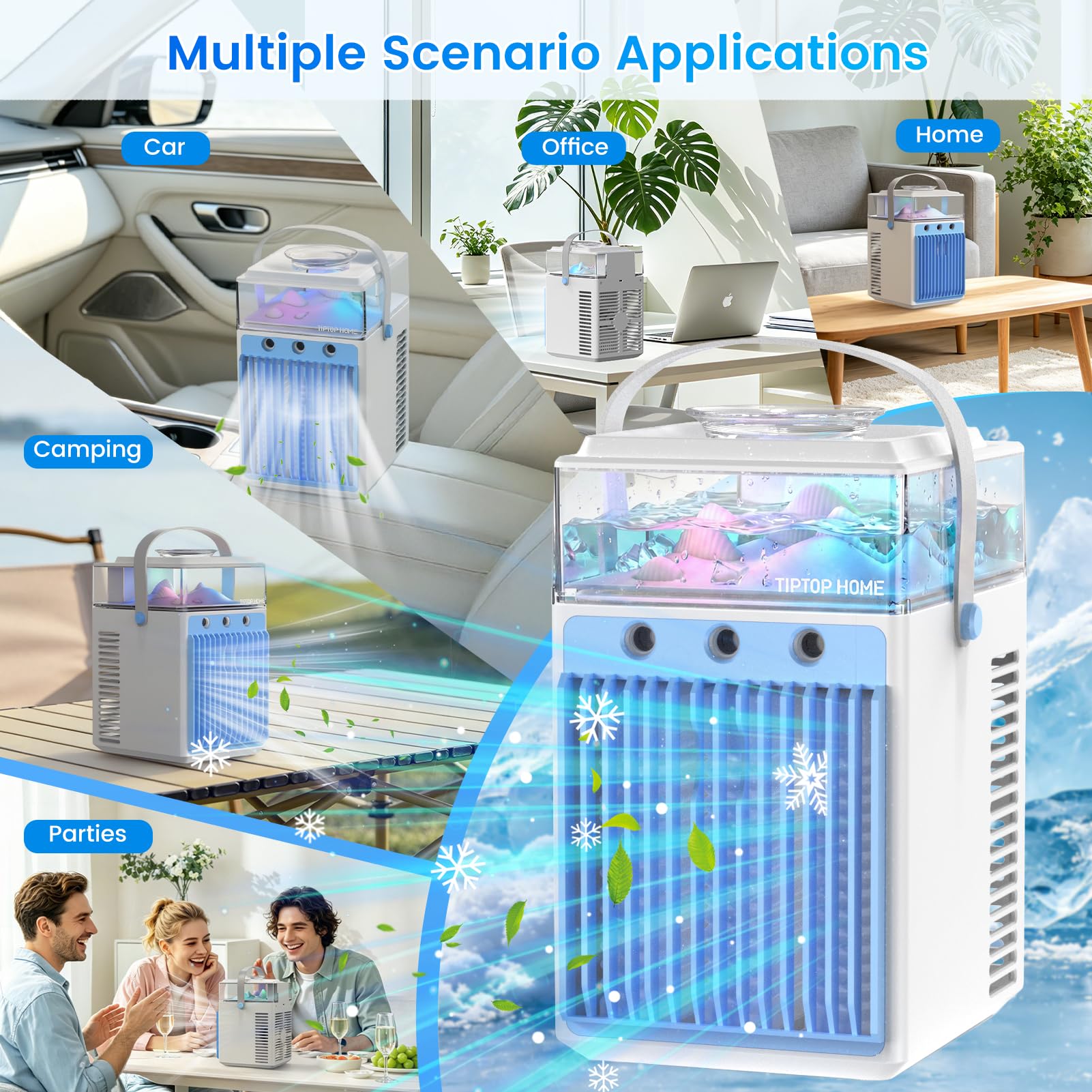 Aire Acondicionado Portátil Sin Tubo 5 en 1, Mini Aire Acondicionado Portátil, Climatizador Evaporativo con Control APP, 3 Velocidades, 3 Modos Niebla, Temporizador, Ventilador con 6 Cubiteras Hielo